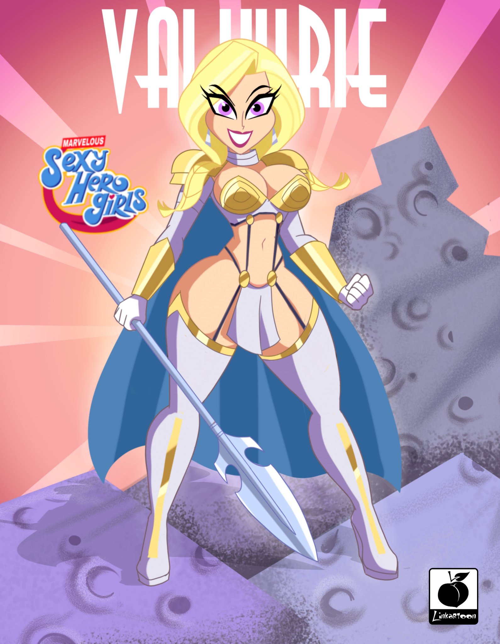 1girls, big breasts, blonde hair, breasts, brunnhilde, cleavage, curvy, dc super hero girls, female, female only, high heel boots, high heels, large breasts, linkartoon, loincloth, marvel, marvel comics, marvelous sexy hero girls, navel, parody, pink eyes, pointy chin, solo, spear, thick thighs, thighhighs, thor (series), valkyrie (marvel), voluptuous, wide hips