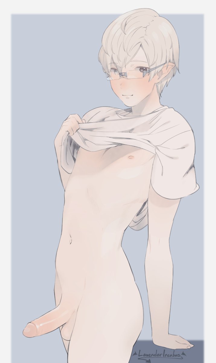 1boy, balls, femboy, girly, glasses, magical ondine, male, male only, penis, shirt lift, simple background, solo, standing