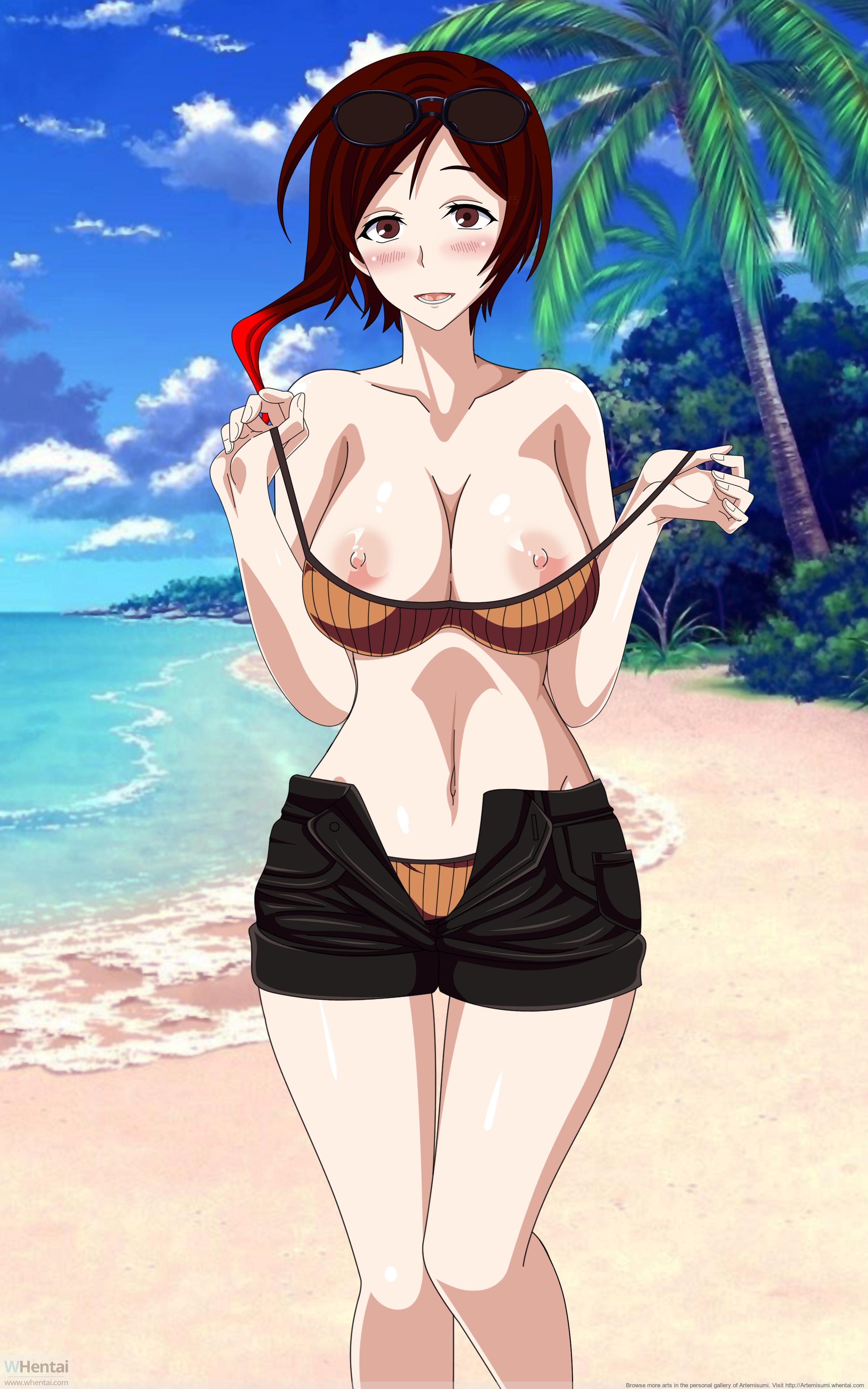artemisumi, beach, coco adel, naked, nipples, rwby, sunglasses on head, whentai