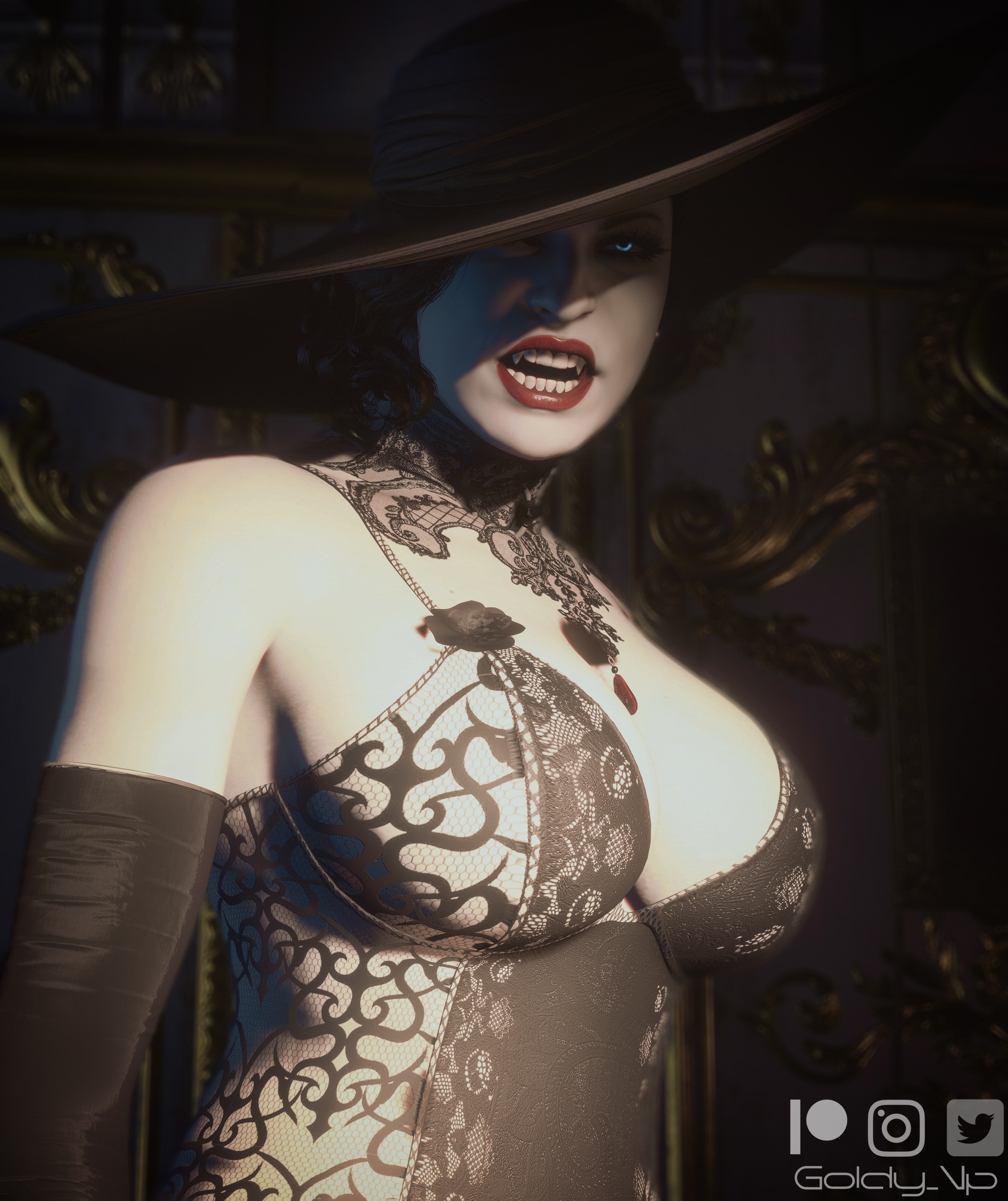 1girls, 3d, 3d (artwork), alcina dimitrescu, big breasts, blue eyes, breasts, capcom, female, goldy 3d, hat, lingerie, outfit, portrait, red lipstick, resident evil, resident evil 8: village, solo, vampire