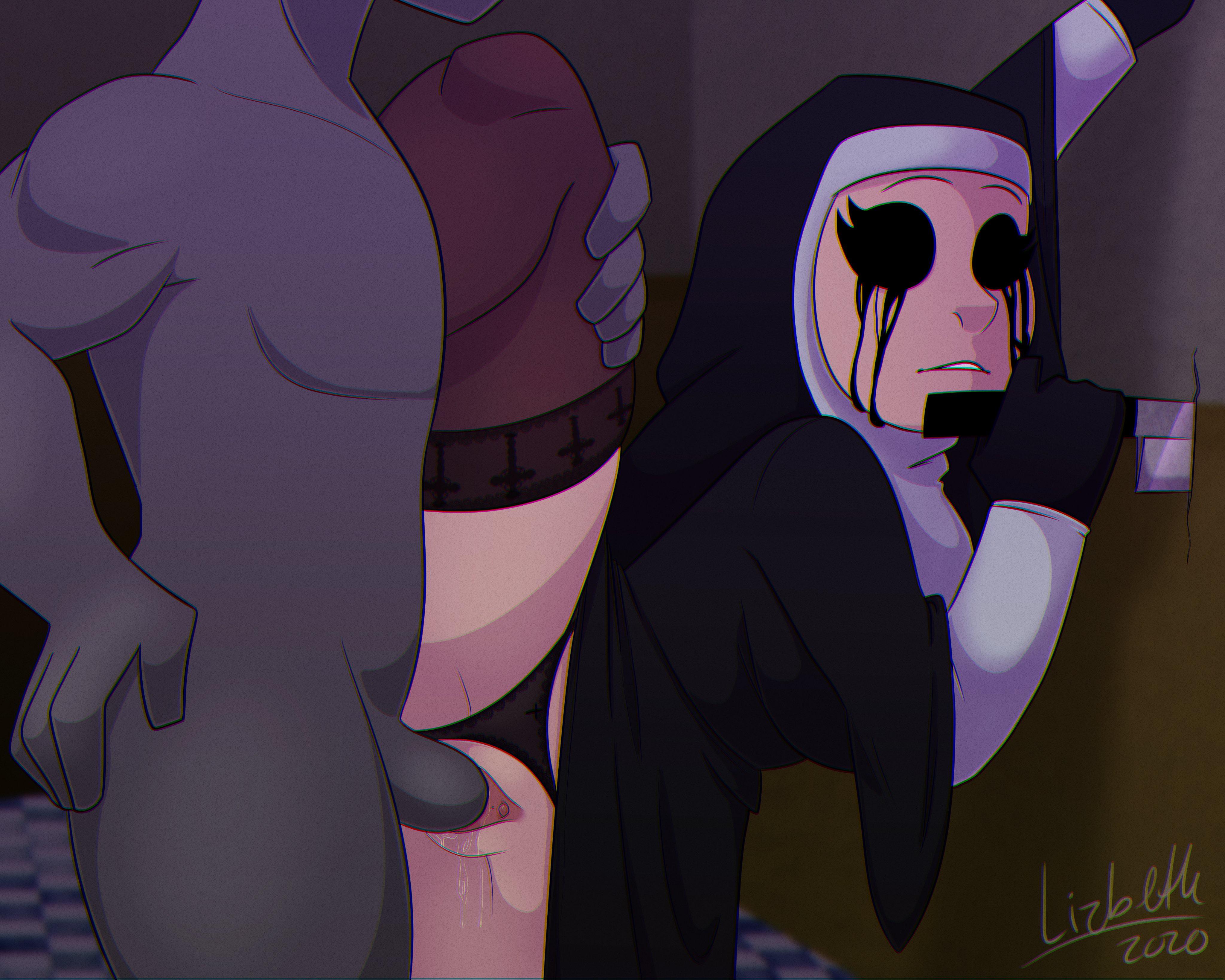 black dress, black eyes, black legwear, black panties, eyeless, female, horror game, knife, lizielewddle, male, mother apollonia, nun, nun massacre, partial male, penetration, peonypetals, puppet combo, pussy, pussy juice, raised leg, sex, thick thighs, thighhighs, vaginal penetration, wet