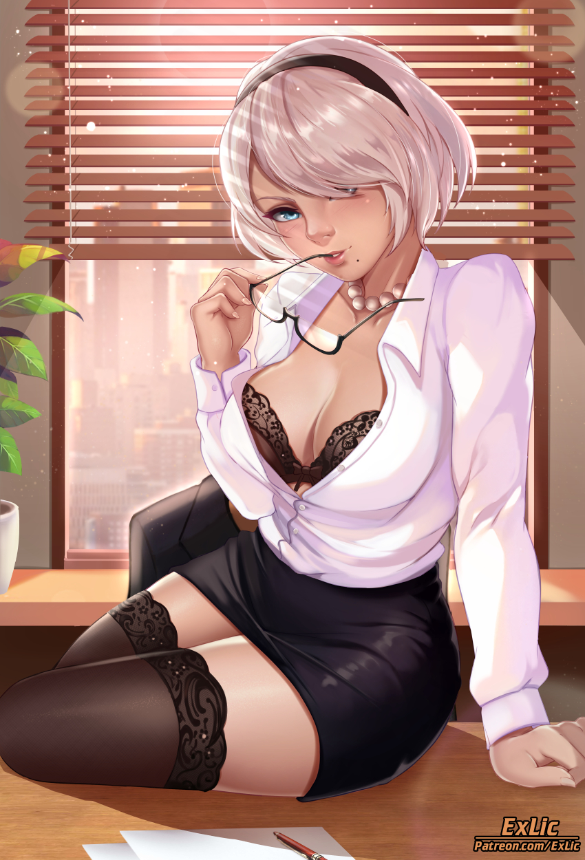 1girls beauty_mark big_breasts blue_eyes bob_cut breasts cleavage exlic eyewear female female_only glasses glasses_removed glasses_touching_lip headband lacey_bra large_breasts lingerie looking_at_viewer mole_under_mouth necklace nier nier:_automata pearl_necklace seductive_look shirt_unbuttoned short_hair solo solo_female stockings sucking_glasses thick_thighs thighhighs white_hair wide_hips yorha_2b