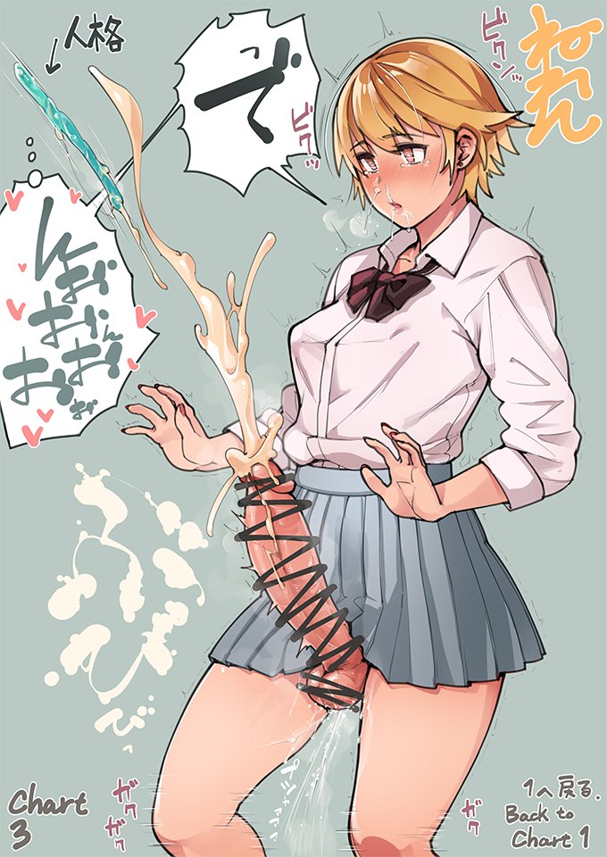 1futa, balls, bar censor, big penis, blonde hair, censored, clothed, clothing, condom, cum, cumshot, ejaculation, full-package futa, futa only, futa urethral insertion, futanari, hands-free, handsfree ejaculation, human, intersex, masturbation, mostly clothed, neone-x, orgasm, pale skin, partially clothed, penile urethral insertion, penis, pussy, pussy juice, short hair, simple background, skirt, solo, squirting, urethra, urethral insertion