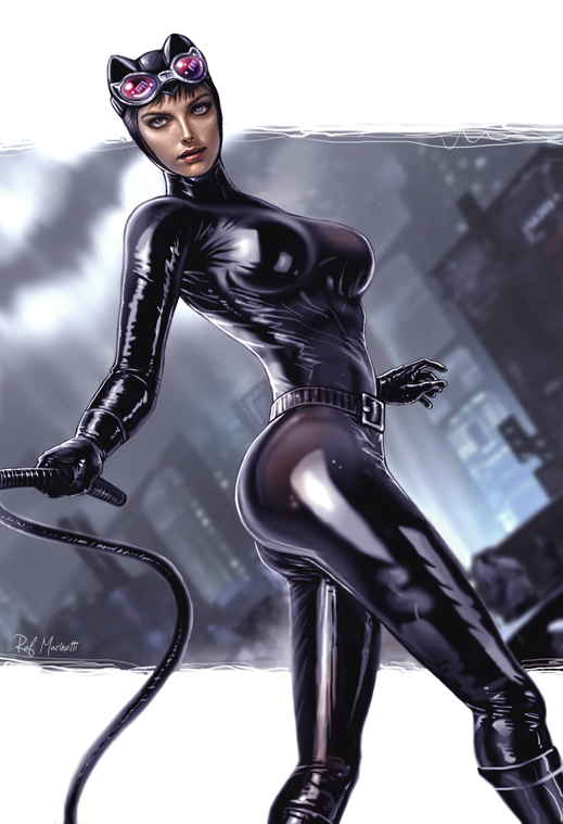 ass, batman (series), belt, belt buckle, big ass, big breasts, black clothing, black gloves, blue eyes, bodysuit, boots, breasts, brown hair, cat ears, catsuit, catwoman, dc, dc comics, eye shadow, feline, female, female focus, female only, gloves, goggles, large breasts, legs, raffaele marinetti, red lips, red lipstick, round ass, selina kyle, thighs, tight clothing, tight fit, whip