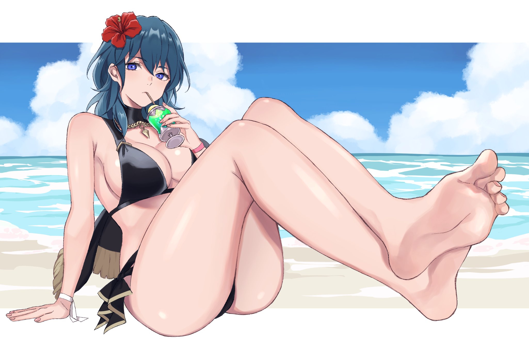 1girls, alternate costume, barefoot, beach, bikini, black bikini, black swimsuit, blue eyes, blue hair, blue sky, breasts, byleth (fire emblem), byleth (fire emblem) (female), cleavage, cloud, commentary, cup, day, drinking, drinking straw, feet, female, female only, fire emblem, fire emblem heroes, fire emblem: three houses, flower, foot focus, glass, hair flower, hair ornament, highres, holding, holding cup, hoshido, hoshido1214, large breasts, long hair, nintendo, official alternate costume, outdoors, red flower, sitting, sky, solo, swimsuit, teal hair, toes, water