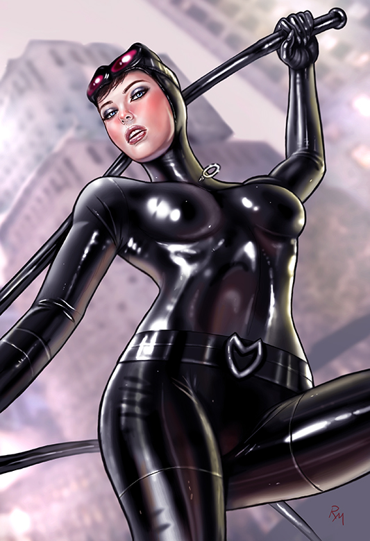 batman (series), belt, belt buckle, big breasts, black clothing, black gloves, blue eyes, bodysuit, breasts, brown hair, cat ears, catsuit, catwoman, dc, dc comics, eyeshadow, feline, female, female focus, female only, gloves, hips, legs, open mouth, raffaele marinetti, red lips, red lipstick, selina kyle, teeth, thighs, tight clothing, whip