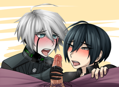 3boys after_fellatio ahoge blush blushing danganronpa danganronpa_v3 dark_blue_hair erection fellatio gay hand_on_penis handjob holding_penis kiibo looking_at_penis low_res lowres male male/male/male male_only momota_kaito penis relaea robot robot_humanoid saihara_shuuichi saliva saliva_string spread_legs straight_hair tongue tongue_out white_hair yaoi