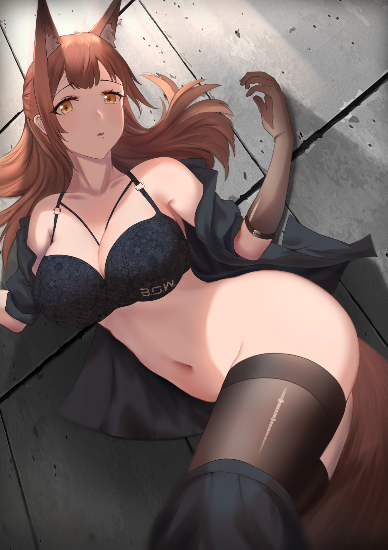 animal ears, arknights, bare shoulders, big breasts, black bra, black legwear, breasts, brown hair, female, franka (arknights), handwear, long hair, lying, navel, no panties, nude, on floor, on side, open mouth, orange eyes, pointy chin, skirt pull, solo female, tail, thighs, torn legwear