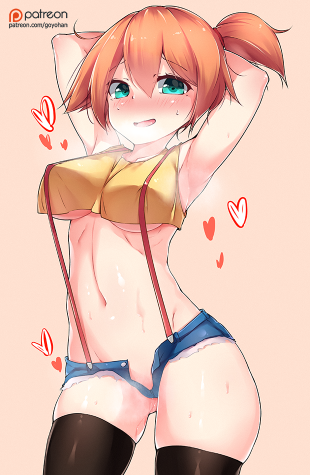 aqua eyes, arched back, armpits, arms behind head, arms up, bare shoulders, blush, breasts, breath, buttons, cowboy shot, crop top, cutoffs, denim, denim shorts, donedone, erect nipples, female, female focus, gluteal fold, hair between eyes, hair tie, heart, hip focus, kasumi (pokemon), large breasts, looking at viewer, micro shorts, midriff, navel, nintendo, nipples, no panties, nose blush, open clothes, open fly, open mouth, open shorts, orange background, orange hair, pokemon, pokemon rgby, pussy, pussy juice, ribs, shiny, shiny hair, shiny skin, short hair, short shorts, shorts, side ponytail, sidelocks, simple background, skindentation, smile, solo, standing, steam, stomach, suspenders, sweat, tank top, thighhighs, tied hair, unbuttoned, uncensored, underboob, watermark, web address
