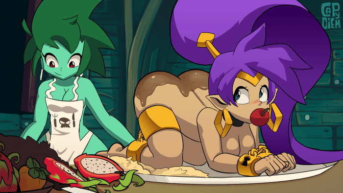 2girls, animated, ass, breasts, capy diem, cleavage, female, female focus, female only, multiple females, multiple girls, naked apron, object insertion, purple hair, rottytops, shantae, shantae (character), smooth skin, wayforward, zombie