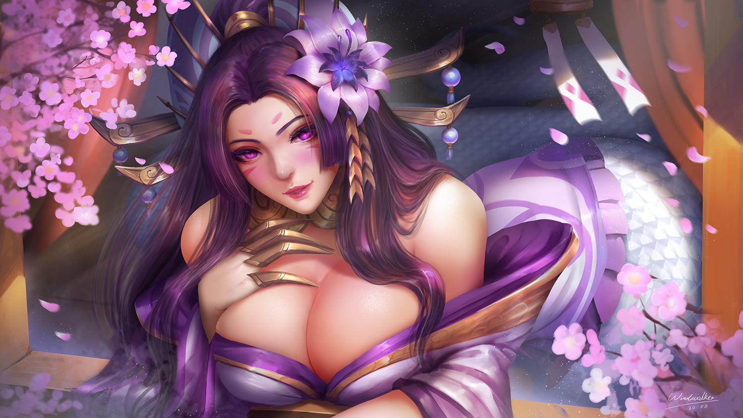 1girls, alternate costume, big breasts, breasts, cassiopeia du couteau, cleavage, female, female only, large breasts, league of legends, looking at viewer, solo, spirit blossom cassiopeia, spirit blossom series, windwalker