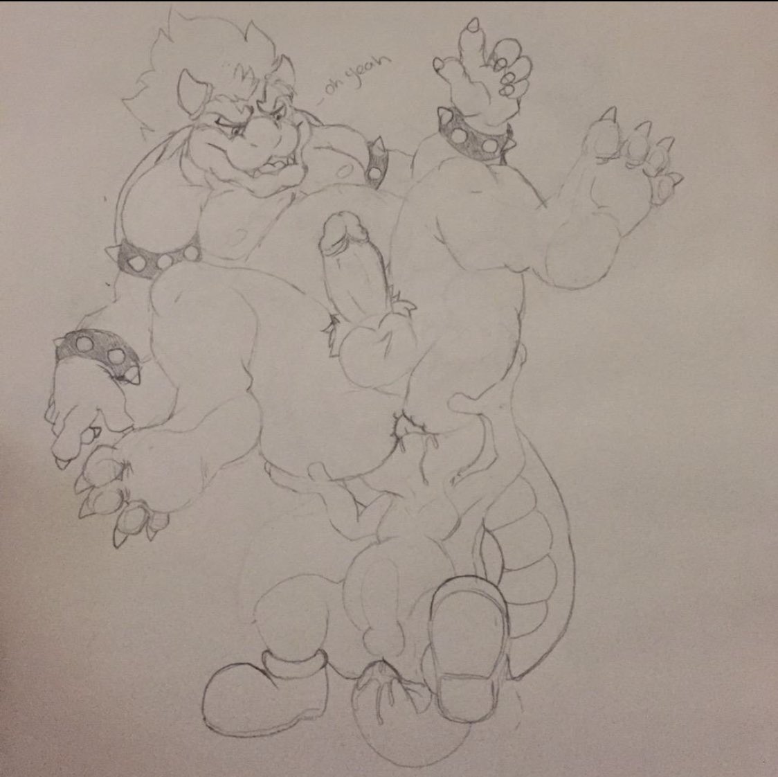 anal anthro bowser claws duo genitals humanoid_genitalia humanoid_penis koopa male male/male male_only mario_(series) nintendo nipples oral penis rimming scalie sex size_difference soles tail tail_sex toe_claws traditional_media_(artwork) video_games xtbidx yoshi