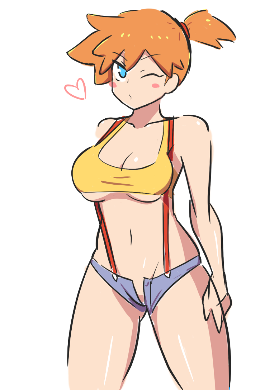 1girls, abs, aged up, alternate breast size, armpits, big breasts, blue eyes, booty shorts, breasts, dd (artist), eye contact, female, female only, human, kasumi (pokemon), light skin, light-skinned female, looking at viewer, nintendo, no bra, no panties, one eye closed, orange hair, pale skin, pale-skinned female, pokemon, pokemon rgby, short hair, shorts, solo, standing, sweat, thick thighs, thigh gap, thighs, tight clothing, underboob, unzipped shorts, wide hips