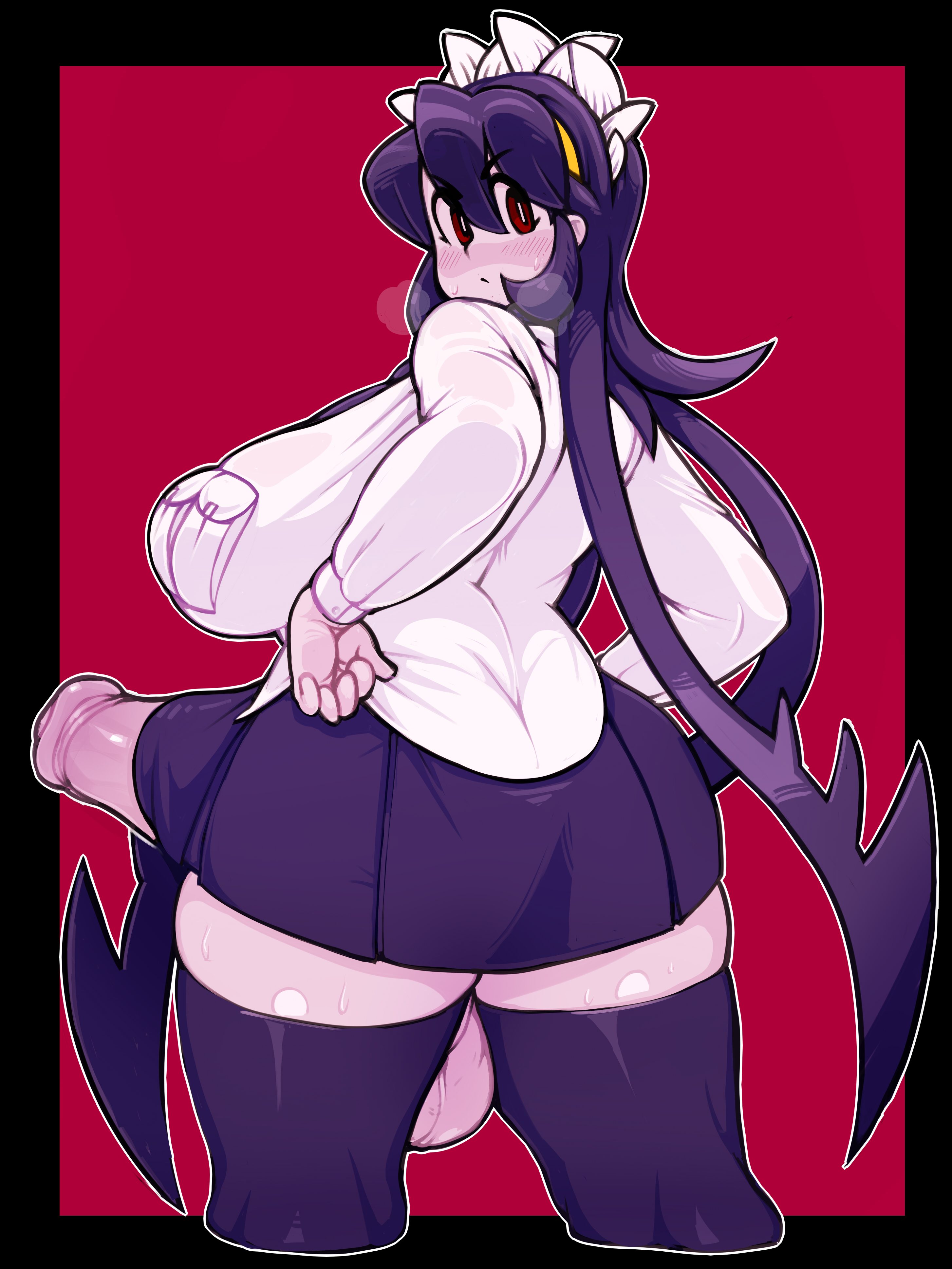 1futa, balls, big balls, big breasts, big penis, breasts, dickgirl, eye contact, female, filia (skullgirls), futanari, horsecock, huge balls, huge breasts, huge cock, intersex, large breasts, large penis, legwear, light skin, light-skinned female, looking back, pale skin, pale-skinned female, penis, samson (skullgirls), sarikyou, silkyman, skullgirls, solo futa, thighhighs, thunder thighs, unusual anatomy, unusual genitalia, unusual penis, voluptuous