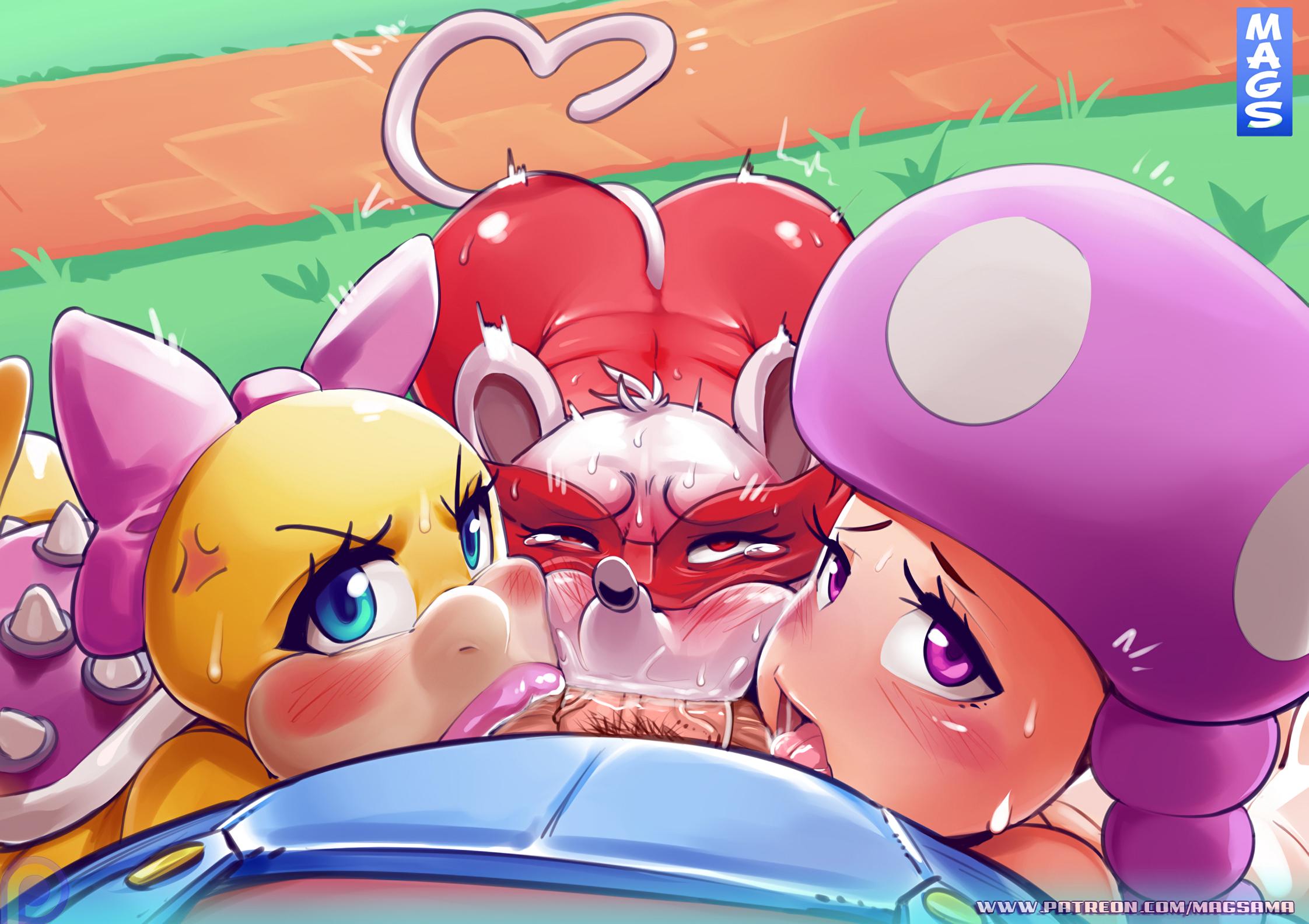 1boy, 3girls, anthro, ass, balls, balls sucking, big ass, breasts, collaborative fellatio, deepthroat, fellatio, female, huge ass, human, humanoid, interspecies, male, male human/female anthro, male human/female humanoid, mario, mario (series), ms. mowz, multiple females, multiple girls, nintendo, paper mario, pornomagnum, super mario bros., teamwork, toadette, wendy o. koopa