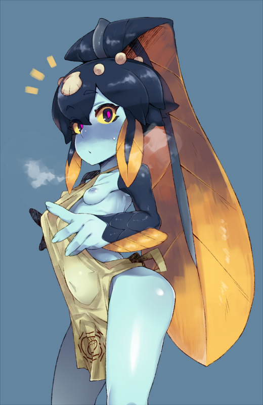 animal_humanoid black_hair blue_body blue_skin blush breasts clothed clothing collagen dagonian female fish fish_humanoid hair humanoid marine marine_humanoid minette_(skullgirls) monster_girl_(genre) nipples partially_clothed shell skullgirls solo video_games yellow_sclera