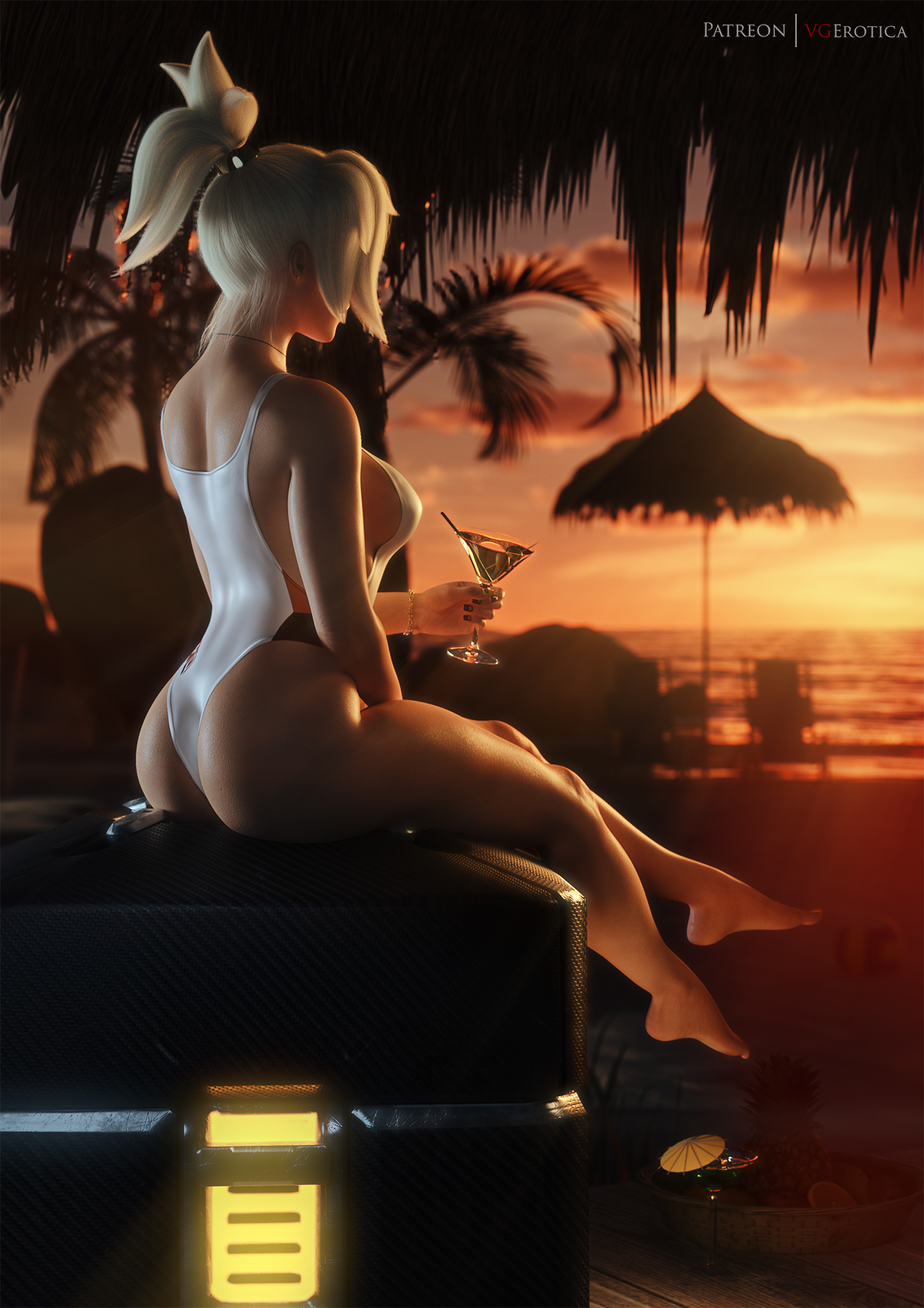 1girls, 3d, ass, autodesk maya, big breasts, blonde hair, breasts, female, female only, large breasts, lootbox, mercy, one-piece swimsuit, overwatch, solo, swimsuit, vgerotica