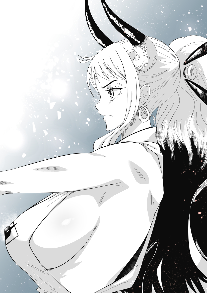 armpits, artist request, big breasts, black hair, breasts, female, female only, horns, looking forward, no bra, one piece, pointy chin, sideboob, two-tone hair, wano country, white hair, yamato (one piece)