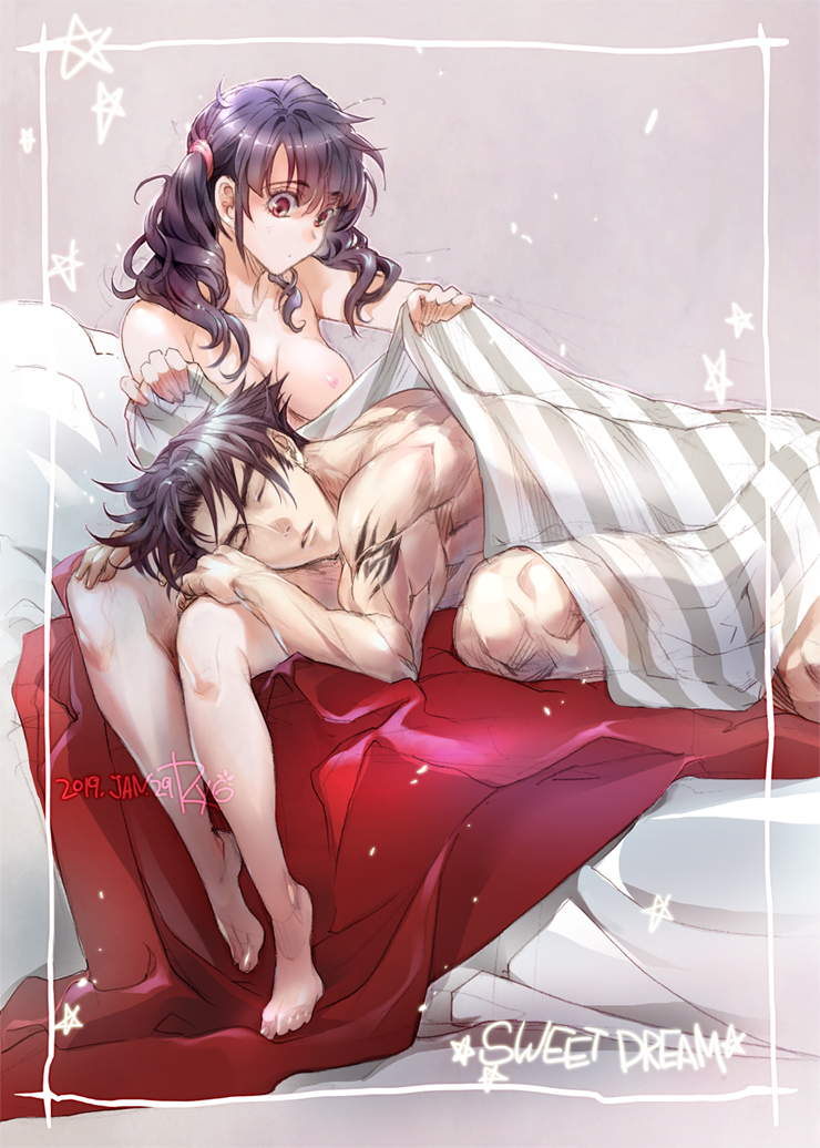 bed bed_sheet black_hair couple jin_kazama kazama_jin ling_xiaoyu nude pointy_chin ryoxkj sleeping tekken tekken_7 twintails wholesome