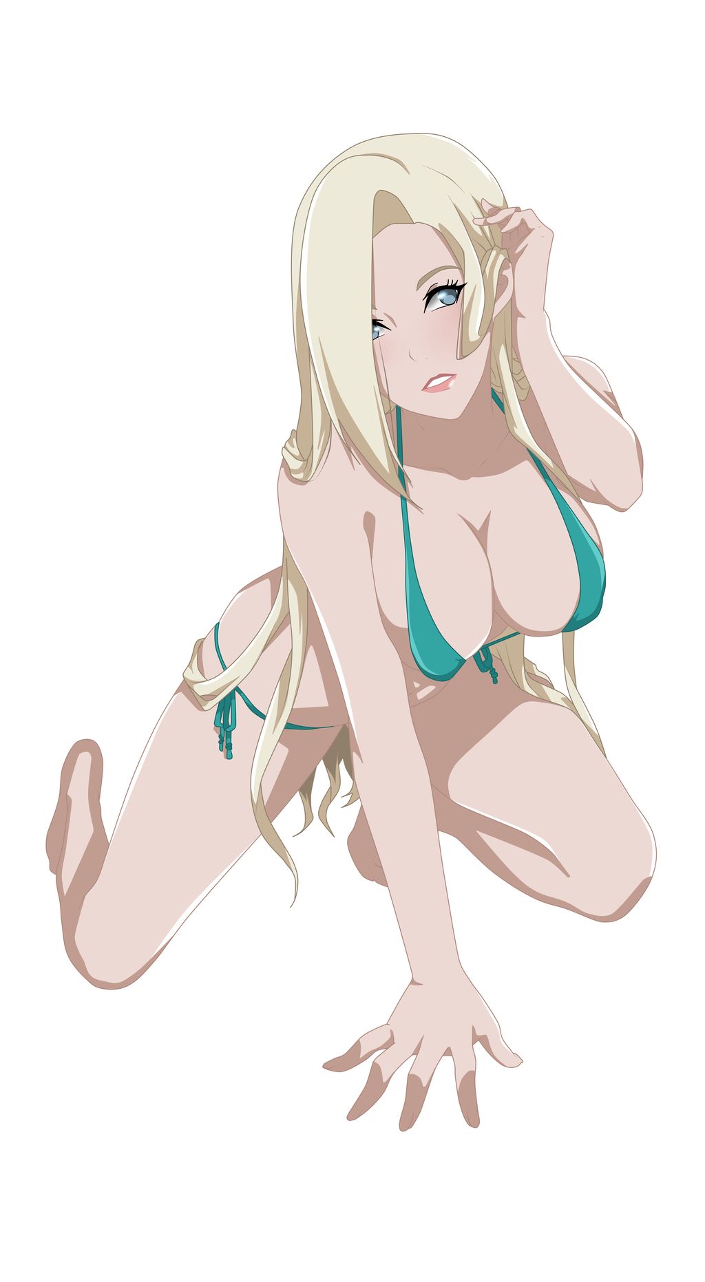 arm support, barefoot, bikini, blonde hair, blue eyes, breasts, cleavage, feet, female, female only, hair over one eye, ino yamanaka, kneeling, lipstick, long hair, makeup, naruto, naruto (series), naruto: the last, teasing, uliyalsa, untied bikini
