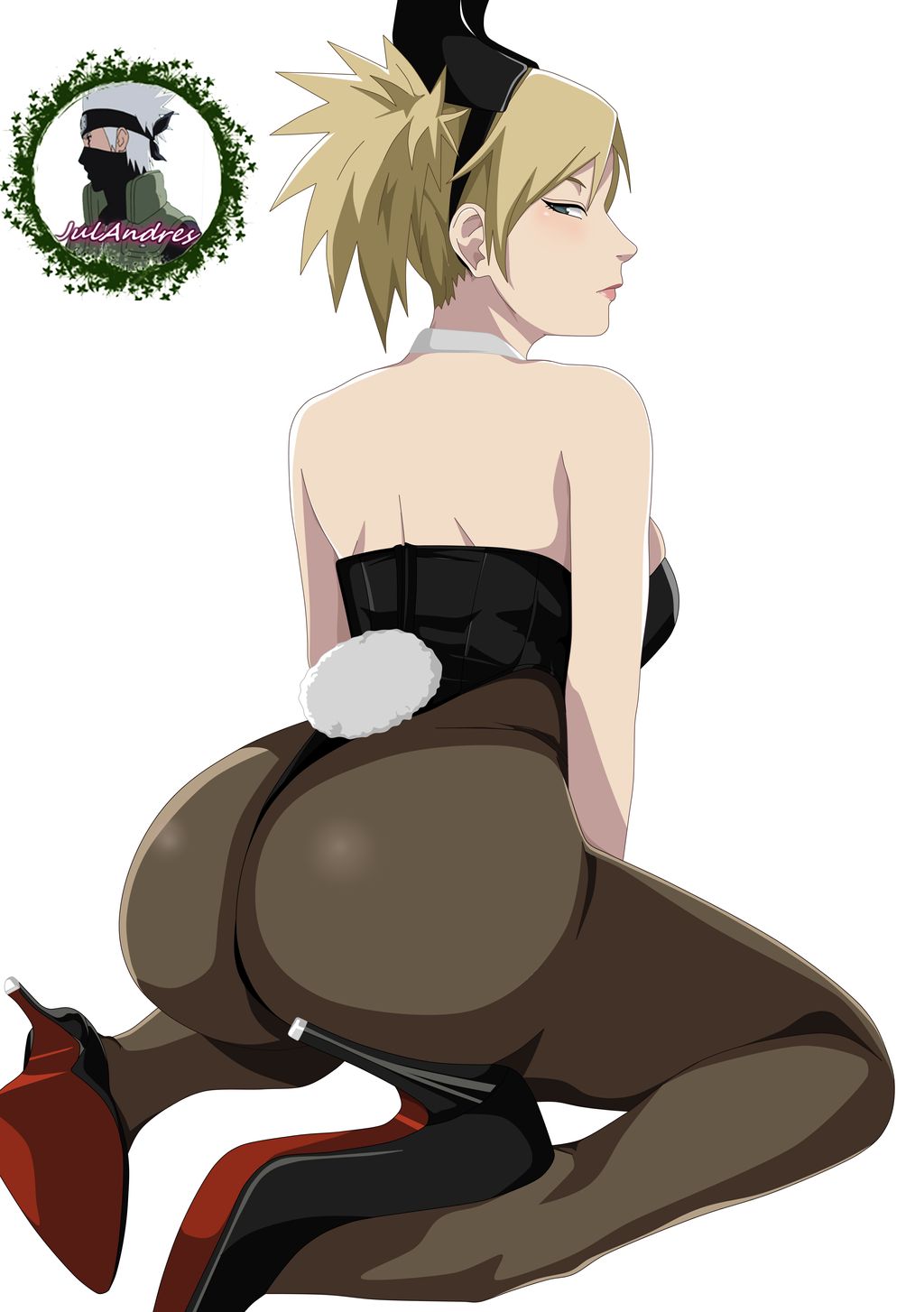 ass bare_shoulders bunny_ears bunny_girl bunny_tail bunnysuit detached_collar fake_animal_ears female female_only footwear fully_clothed heels high_heels kneeling lipstick looking_at_viewer looking_pleasured makeup naruto naruto:_the_last naruto_(series) serious temari uliyalsa