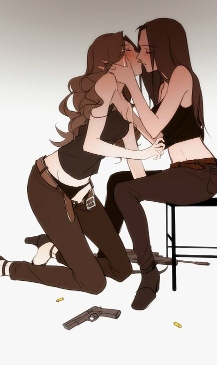 2girls black_panties blush brown_hair chair chair_position closed_eyes clothed clothes clothes_removed clothing crying curly_hair female female_focus female_only fit fit_female hand_on_cheek hand_on_head handgun head_grab heels high_heels hourglass_figure kissing long_hair low_res lowres multiple_girls no_bra pants_down pants_pull person_of_interest root_(samantha_groves) sameen_shaw yuri