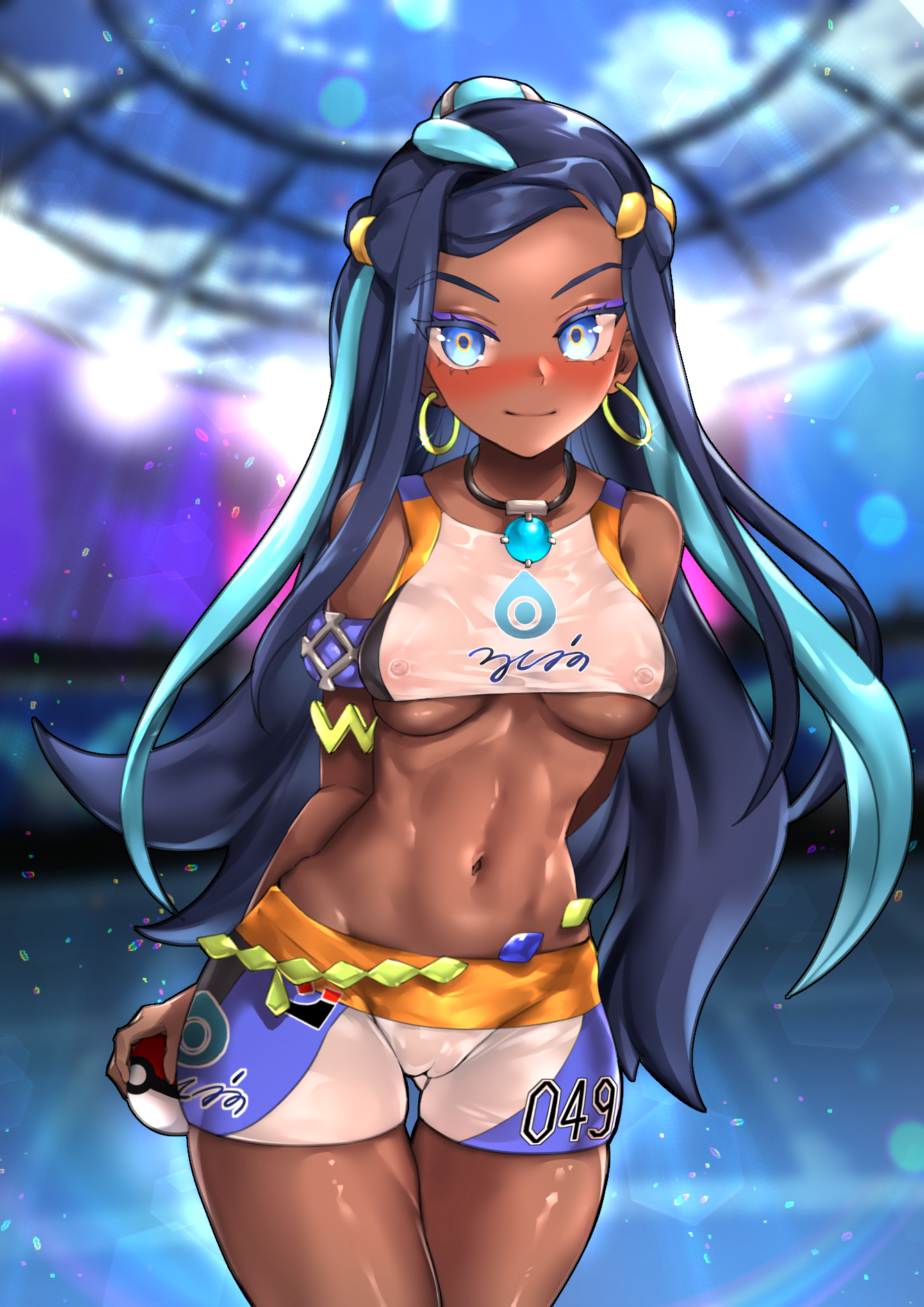 1girls, anime style, areolae, bike shorts, blue eyes, blue hair, blush, breasts, cameltoe, covered nipples, crop top, dark blue hair, dark skin, dark-skinned female, earrings, female, foxy rain (foxyreine), foxyrain (foxyreine), foxyreine, innie pussy, long hair, nessa (pokemon), nintendo, nipples, nipples visible through clothing, pokeball, pokemon, pokemon ss, pussy, shorts, solo, tight shorts, two-tone hair, underboob, wet clothes