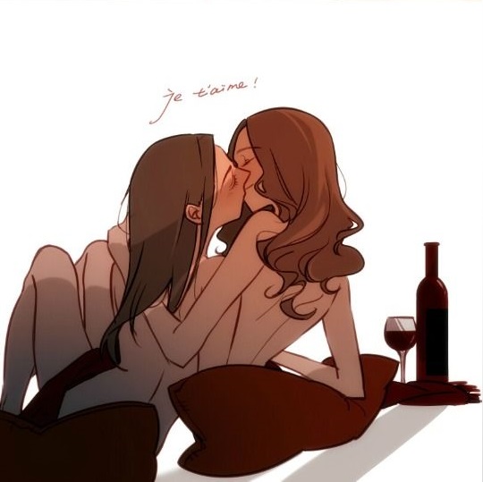 2girls blush closed_eyes closed_mouth curly_hair eyelashes female female_focus female_only french_text hand_on_shoulder i_love_you kissing long_hair low_res lowres multiple_girls nude nude_female person_of_interest pillow root_(samantha_groves) sameen_shaw simple_background translated wholesome wine wine_bottle wine_glass yuri