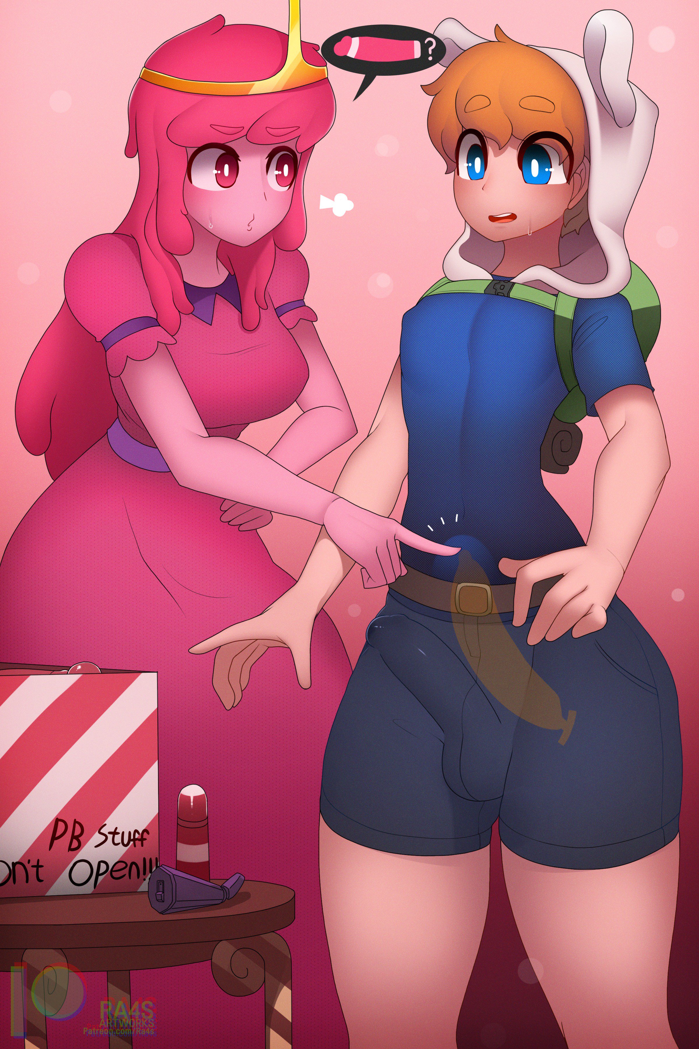 1boy, 1girls, adventure time, anal, anal insertion, anal object insertion, anal plug, backpack, bag, banana, bulge, buttplug, clothing, dildo, erection, female, femboy, finn the human, girly, light skin, light-skinned male, looking at another, male, male penetrating, medium penis, object insertion, penis, penis outline, pink body, pink eyes, pink hair, princess bubblegum, ra4s, sex toy, shorts, stealth masturbation, stomach bulge, tight clothing, trap, x-ray