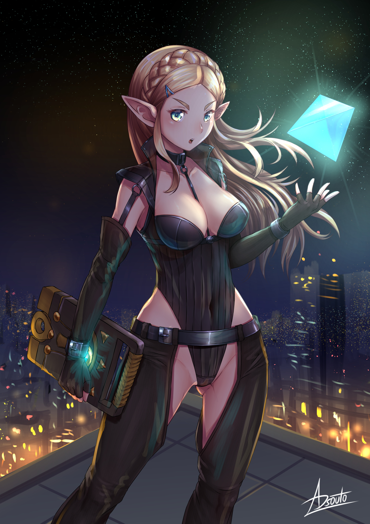 adsouto, ass visible through thighs, bangs, between breasts, black gloves, black legwear, black leotard, blonde hair, blue eyes, braid, breasts, breath of the wild, city, cleavage, commentary, crown braid, demigoddess, elbow gloves, english commentary, female, fingerless gloves, floating hair, gloves, hair ornament, hairclip, highleg, highleg leotard, highres, hylian, leotard, long hair, medium breasts, night, open mouth, outdoors, parted bangs, pointy chin, pointy ears, princess, princess zelda, sheikah slate, signature, sky, solo, standing, star (sky), starry sky, the legend of zelda, very long hair, zelda (breath of the wild)