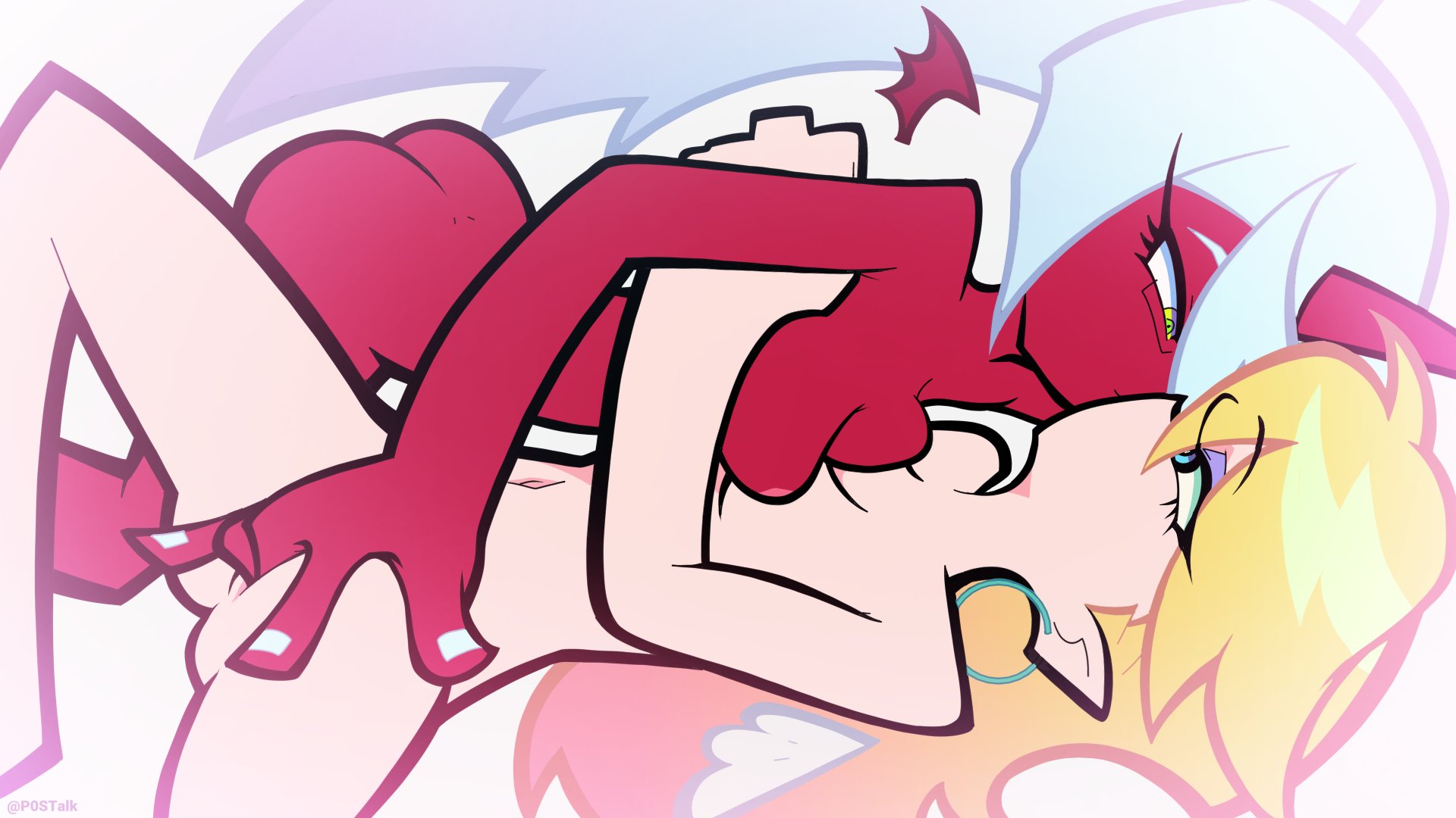 2girls, accurate art style, angel, angel girl, blonde hair, completely nude, completely nude female, demon, demon girl, girls kissing, kissing, kneesocks daemon, lesbian sex, new panty & stocking with garterbelt, nipples, p0stalk, panty & stocking with garterbelt, panty anarchy, pussy, red skin, tagme, white hair, yuri