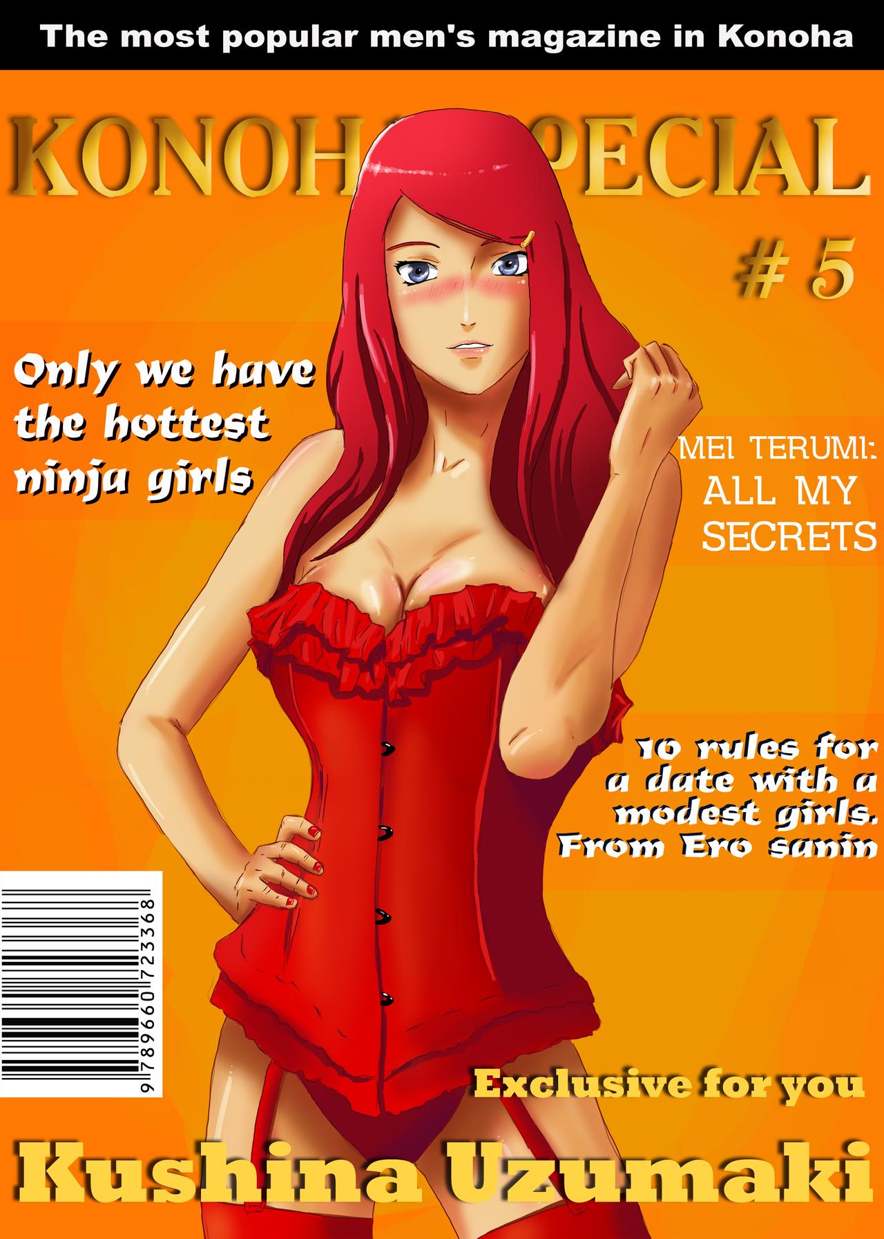 1girls amenoosa breasts character_name cleavage corset female female_only lingerie long_hair magazine magazine_cover milf nail_polish naruto naruto_(series) naruto_shippuden posing purple_eyes red_hair red_lingerie red_stockings red_thong smile stockings text thong underwear uzumaki_kushina