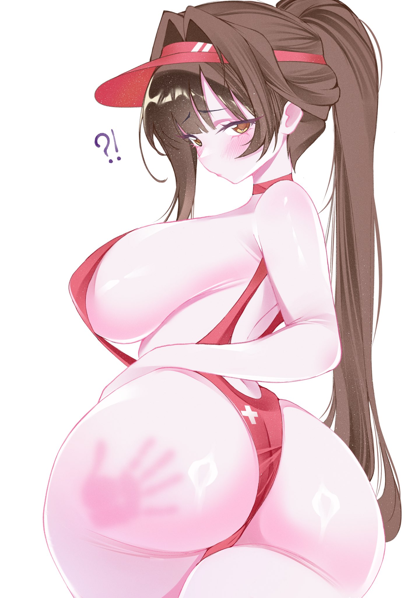 1girls, artist request, ass, breasts, female, female focus, goddess of victory: nikke, large breasts, light skin, light-skinned female, marciana (marine study) (nikke), marciana (nikke), navel piercing, sand, sand on ass, sling bikini, swimsuit, thick thighs, thighs, white background, wide hips