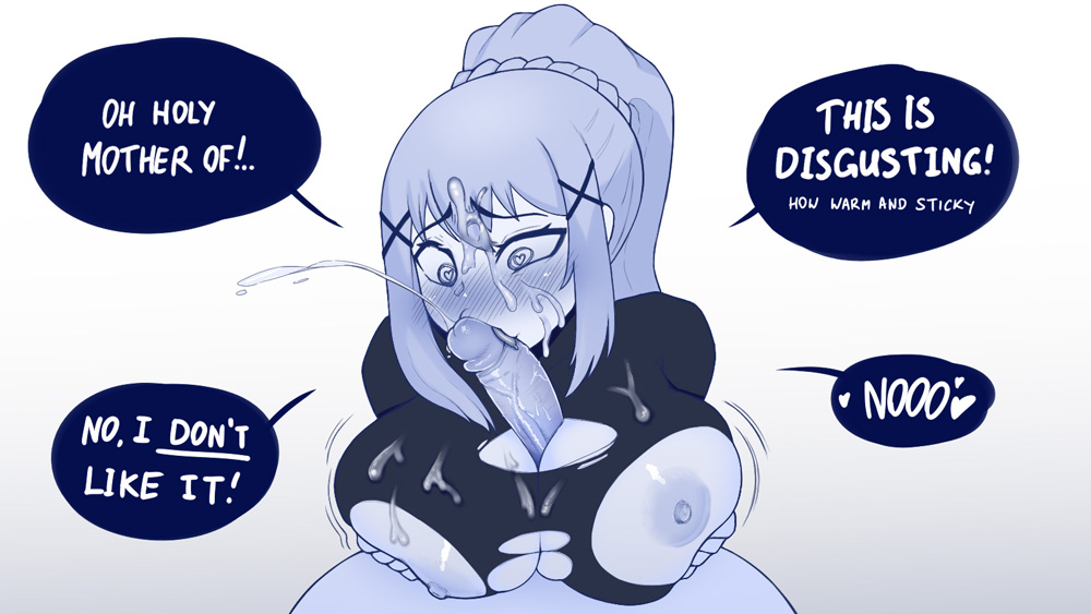 1boy, 2d, amadeen, areola slip, areolae, breasts, cock, cum, darkness (konosuba), dick, fellatio, female, heart-shaped pupils, huge breasts, kono subarashii sekai ni shukufuku wo!, large breasts, licking, licking penis, male, monochrome, paizuri, penis, penis lick, ripped clothing, text bubble, titfuck, titjob