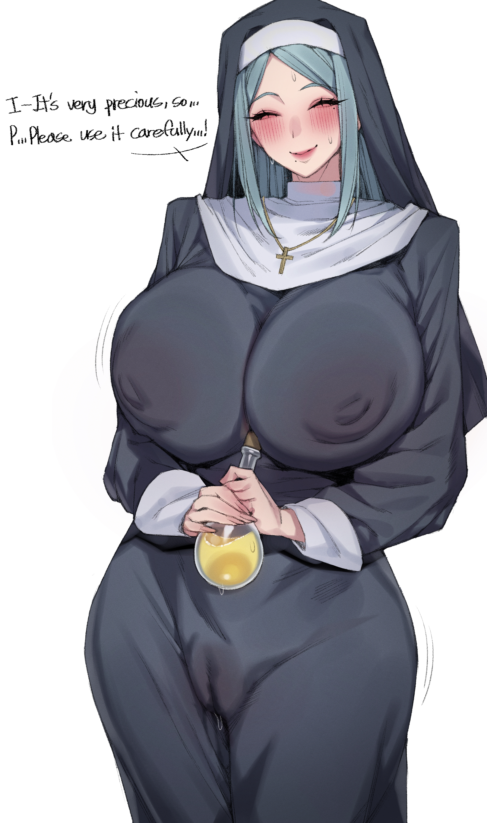 1girl, 1girls, 2026, 2d, 2d (artwork), absurdres, big breasts, blush, boobs, breasts, cameltoe, closed eyes, clothed, clothing, color, colored, covered erect nipples, cowboy shot, cross, cross necklace, digital media (artwork), english text, eyes closed, female, female only, flask, guimpe, hi res, highres, holding, holding flask, huge breasts, jewelry, large breasts, light skin, light-skinned female, long sleeves, mole, mole under mouth, necklace, nipples, nipples visible through clothing, nun, original, orrrca1701, pussy visible through clothes, simple background, smile, solo, thick thighs, thighs, tits, white background