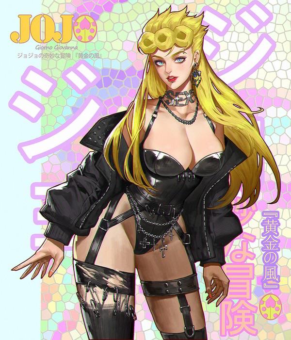 1girls, 2020, big breasts, blonde hair, breasts, cleavage, female, giorno giovanna, hi res, highres, human, jacket, jojo's bizarre adventure, large breasts, leather straps, leotard, light skin, light-skinned female, lipstick, long hair, looking at viewer, rule 63, shounen jump, solo, thick thighs, veela (artist), vento aureo