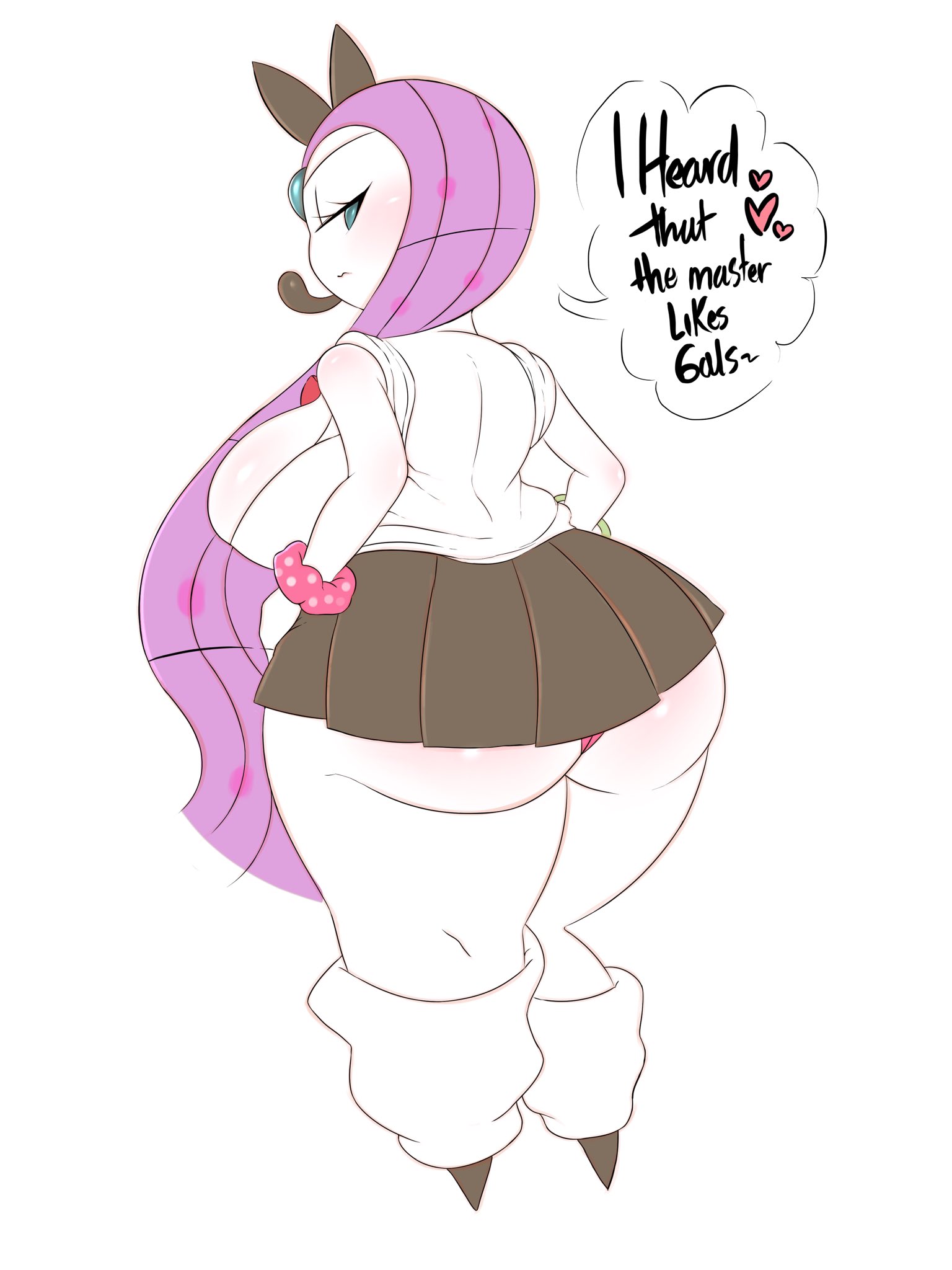 1girls, anthro, anthrofied, ass, big ass, big breasts, blue eyes, breasts, female, female pokemon, huge thighs, humanoid, large ass, meloetta, nintendo, pokemon, pokemon bw, purple hair, saltyxodium, school uniform, speech bubble, text, thick ass, thick thighs, white background, white skin, wide hips