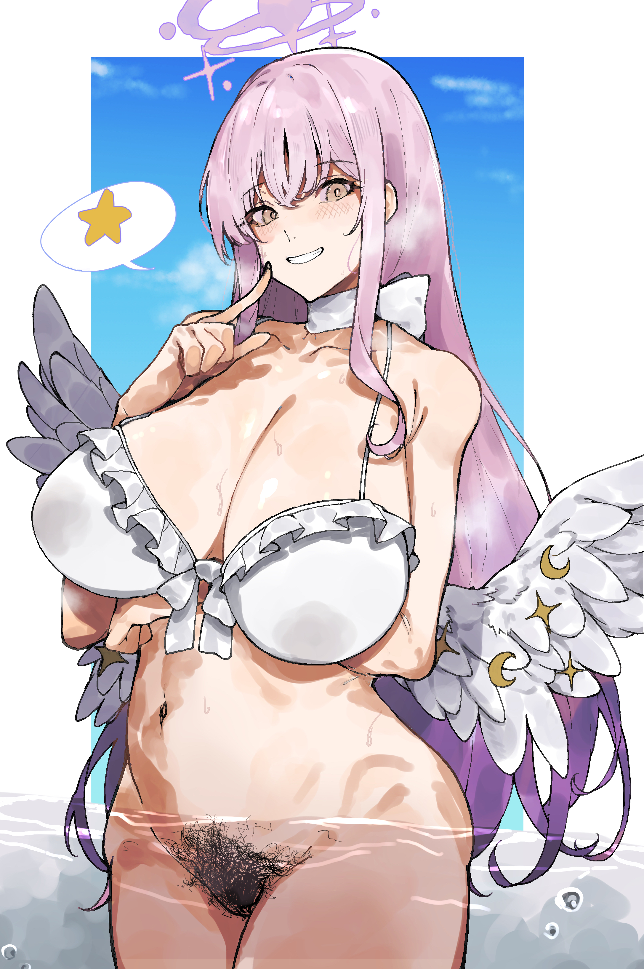 1girls, absurdres, angel wings, arm under breasts, bare shoulders, bikini, bikini top only, black pubic hair, blue archive, blue sky, blush, breasts, choker, cleavage, cloud, cloudy sky, collarbone, covered erect nipples, day, excessive pubic hair, feathered wings, female, female pubic hair, frilled bikini, frills, grin, halo, highres, huge breasts, kyoryuu no himitsu, long hair, looking at viewer, low wings, mika (blue archive), mika (swimsuit) (blue archive), mismatched pubic hair, navel, no panties, official alternate costume, pink hair, pink halo, pubic hair, rikishivszombie, sky, smile, solo, spoken star, star (symbol), stomach, sweat, swimsuit, thighs, wading, wet, white background, white bikini, white choker, white wings, wings, yellow eyes