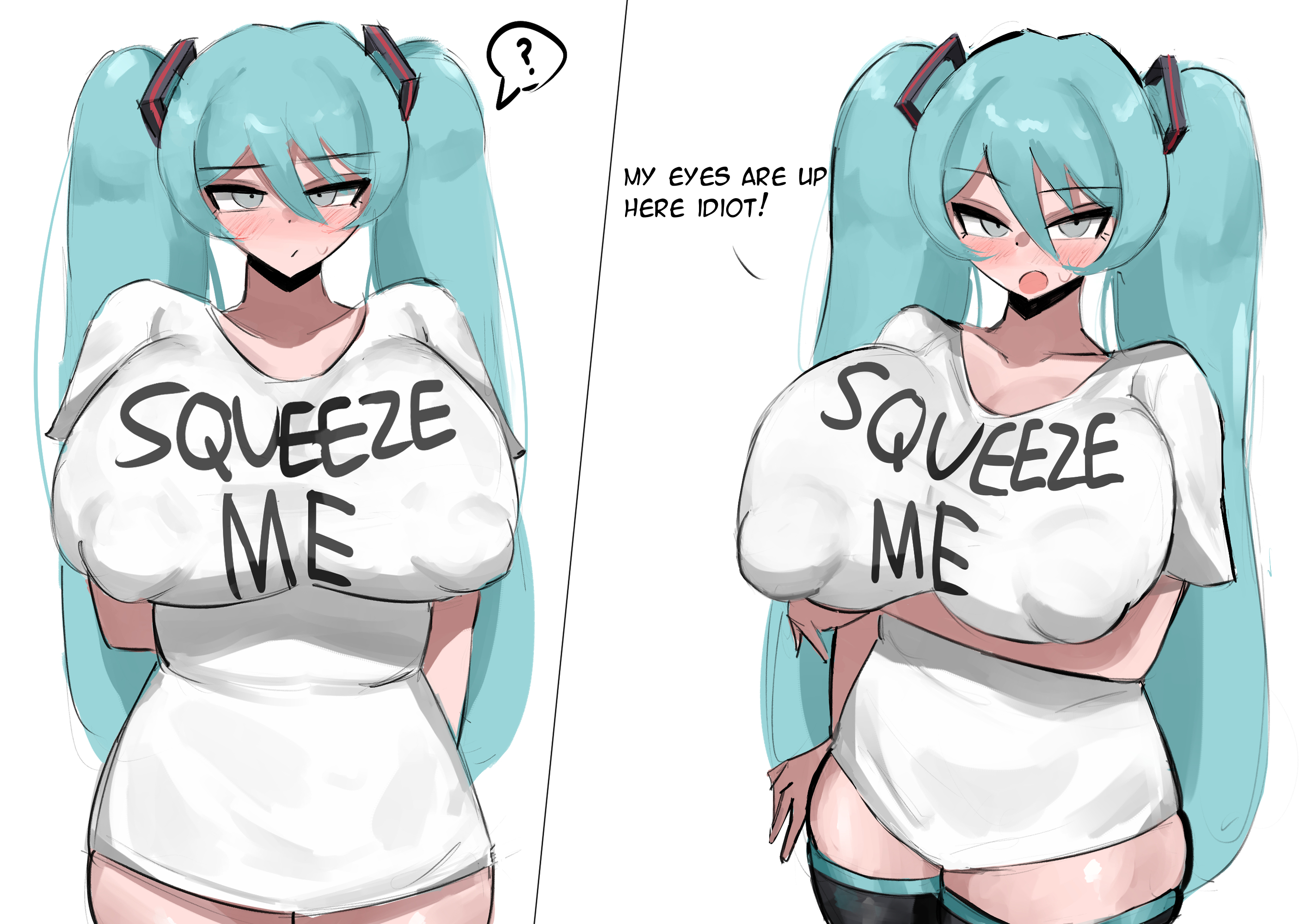 ?, blush, doubleuww1, english text, hatsune miku, hatsune miku (original), huge areolae, huge breasts, huge nipples, nipple bulge, print shirt, speech bubble, spoken question mark, text, vocaloid, white shirt