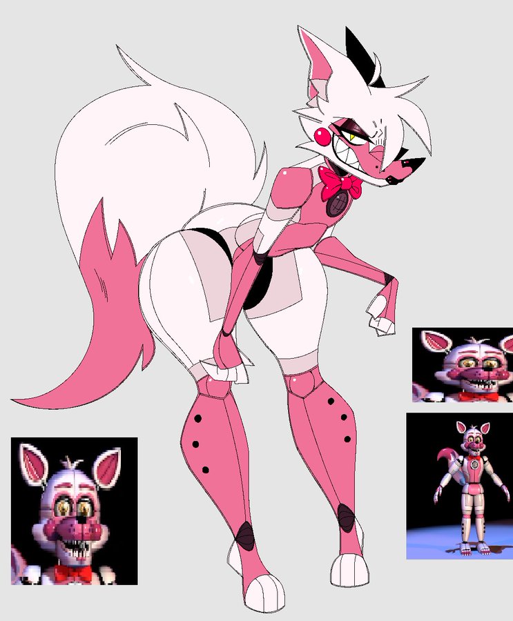 1boy, 2026, androgynous, animatronic, anthro, anthrofied, black lipstick, bowtie, canid, canine, digital media (artwork), eyelashes, eyeshadow, femboy, five nights at freddy's, five nights at freddy's: sister location, fox, funtime foxy (fnaf), funtime foxy (fnafsl), fur, girly, girly boy, huge hips, image reference, looking at viewer, machine, robot, scottgames, simple background, sister location, solo, tail, teeth, thick tail, white background, xexeezy, yellow eyes