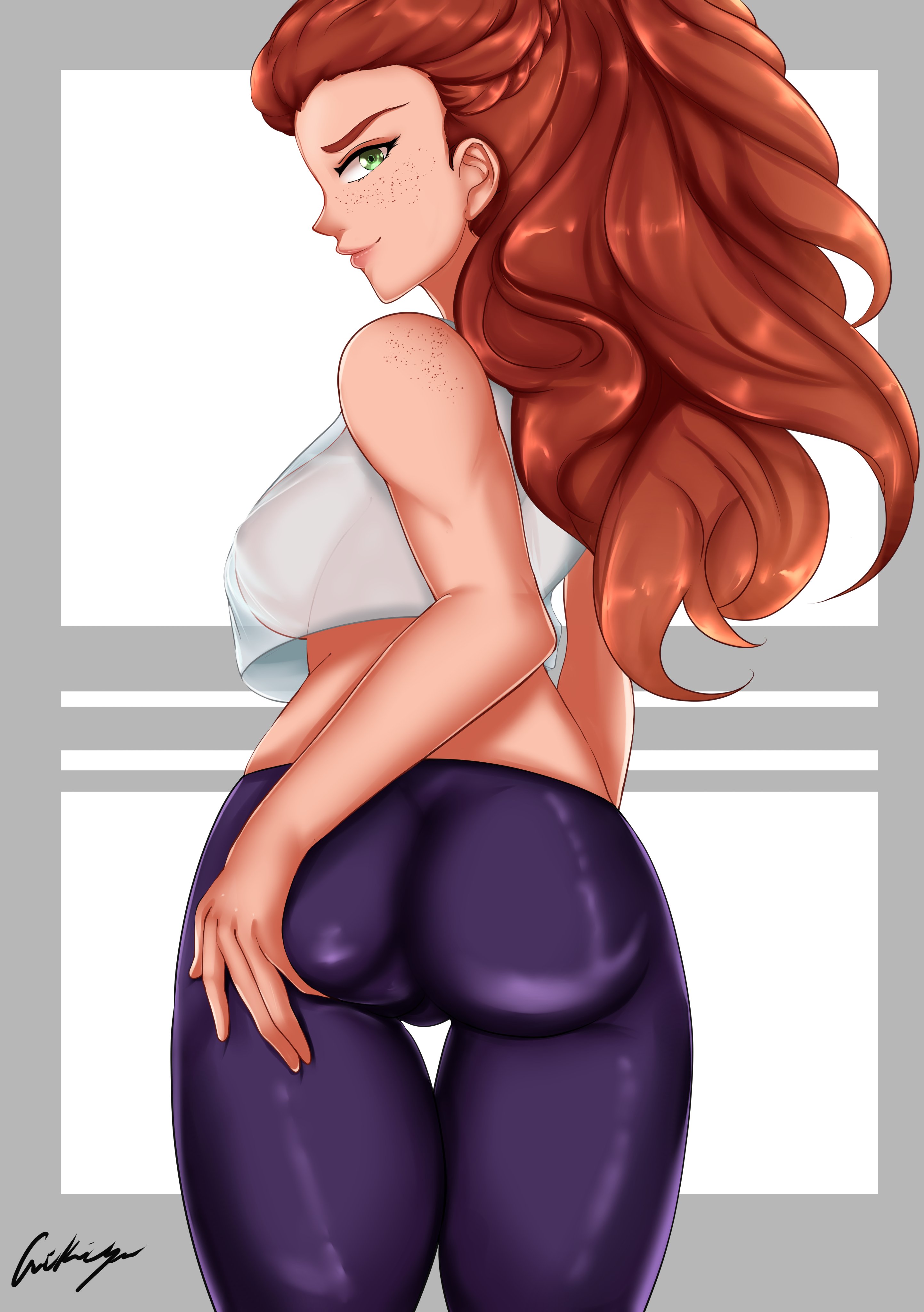 1girls, aikiyun, aloy, ass, ass focus, big ass, big breasts, breasts, female, female only, freckles, fully clothed, green eyes, guerilla games, horizon zero dawn, large breasts, leggings, looking at viewer, looking back, presenting, presenting hindquarters, red hair, see-through, see-through clothing, see-through top, sideboob, solo, solo female, sony interactive entertainment, tank top, thigh gap