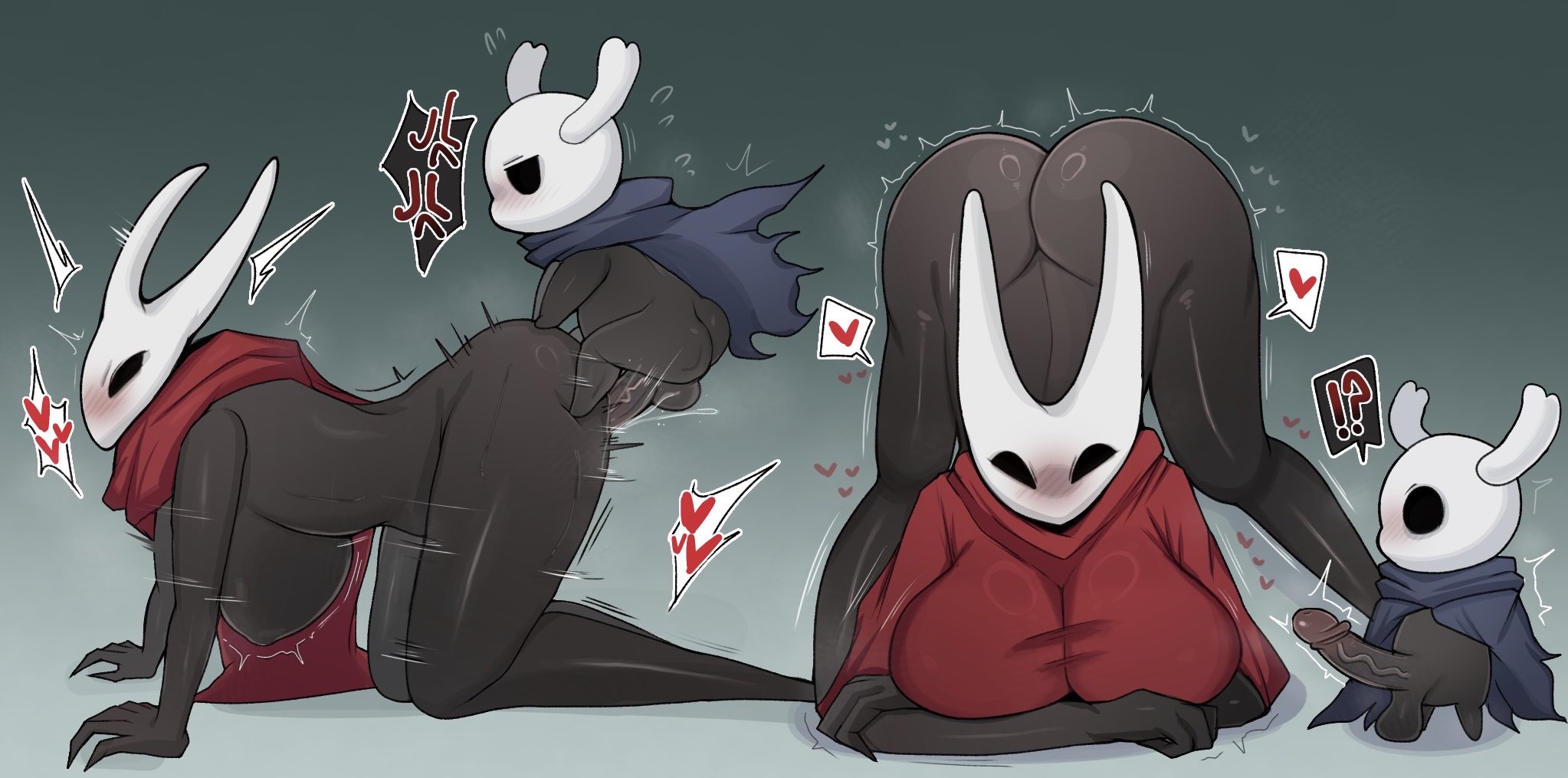 1boy, 1girls, anal, anal penetration, anal sex, ass, beni imo, big ass, big boobs, big breasts, big butt, big penis, black body, blushing, clothed, clothed sex, clothing, excited, female, heart, height difference, hollow knight, hollow knight: silksong, hornet (hollow knight), incest, insects, love, male, penetration, sex, siblings, size difference, straight, surprised, the knight (hollow knight), tits