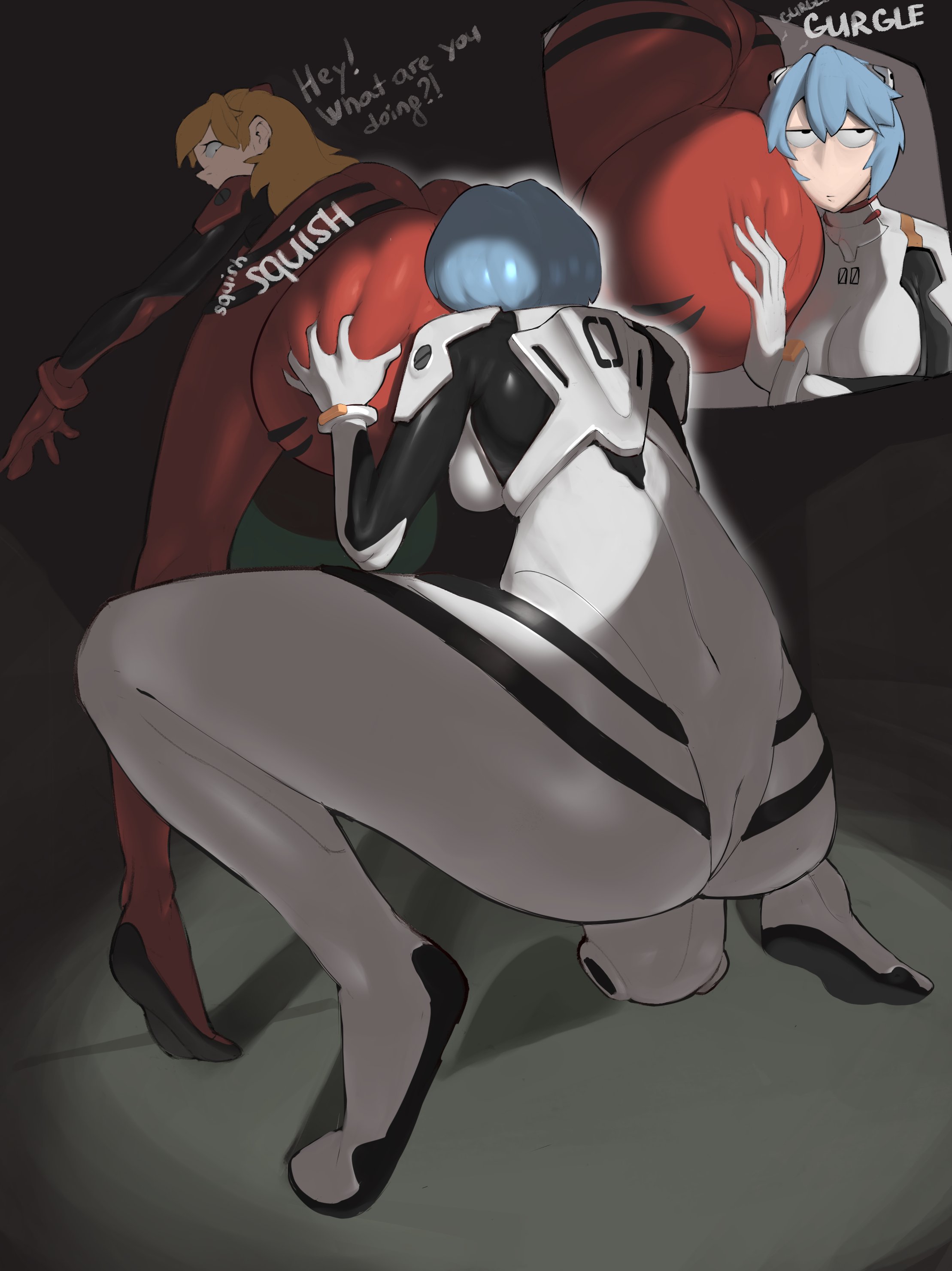 2futas, asking question, ass, ass crack, asuka langley sohryu, ayanami rei, backboob, ball smother, balls, balls bigger than head, balls fondling, balls grab, balls on face, balls play, balls sound effects, balls worship, bending over, bent over, big ass, big balls, big breasts, blue hair, bodysuit, breasts, butt crack, clothed, clothed futa, dialogue, english text, entry plug, face in balls, face on balls, futa on futa, futanari, gurgle, gurgle (sound effect), gurgling, gurgling balls, hair between eyes, hanging balls, head on balls, huge balls, hyper, hyper balls, indoors, inside, inside room, large balls, legs spread, light skin, light-skinned futa, listening, long hair, looking away, lumu, neon genesis evangelion, on tiptoe, orange hair, orgasm denial, orgasm trouble, pent up, plugsuit, plugsuit (evangelion), red plugsuit, rei ayanami, short hair, skintight, skintight bodysuit, souryuu asuka langley, spread legs, squat, squatting, squeezing balls, squishing balls, standing, talking, tiptoes, white plugsuit