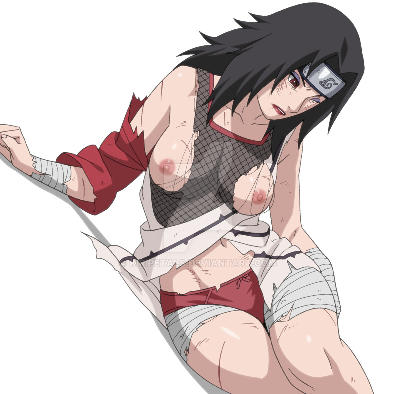 big breasts, black hair, defeated, defeated heroine, exposed breasts, kiripetals, kurenai yuhi, lipstick, long hair, makeup, mesh shirt, naruto (series), nipples, one eye closed, panties, red eyes, torn clothes, yuuhi kurenai