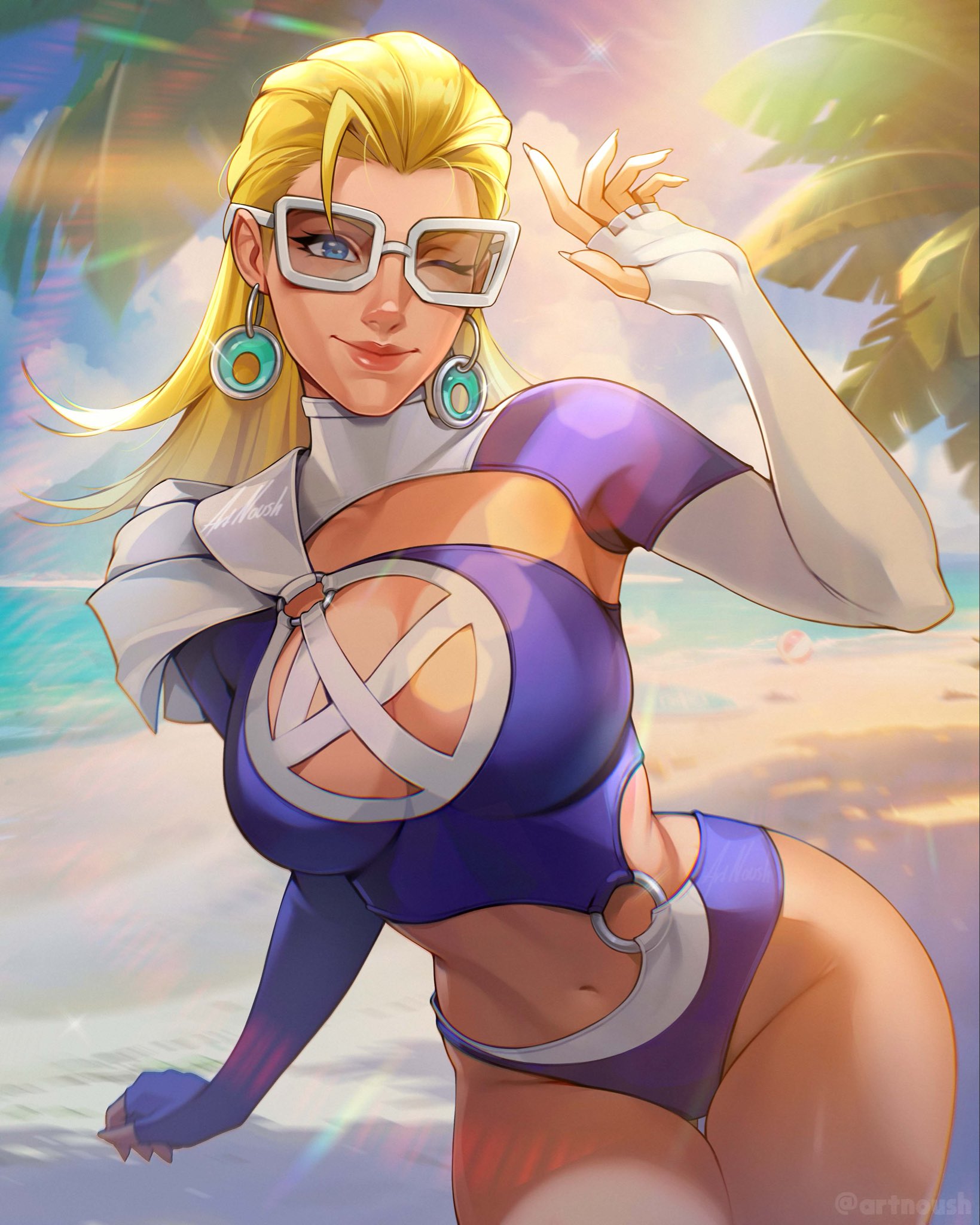 1girls, 2d, artnoush, beach, beach background, big ass, big breasts, blonde hair, boob window, bright background, bright lighting, cleavage, clothed, fantastic four, female, female only, fully clothed, glare (lighting), invisible woman, invisible woman (azure shade), invisible woman (marvel rivals), marvel, marvel rivals, milf, mother, ocean, solo, sue storm, thick thighs, wink