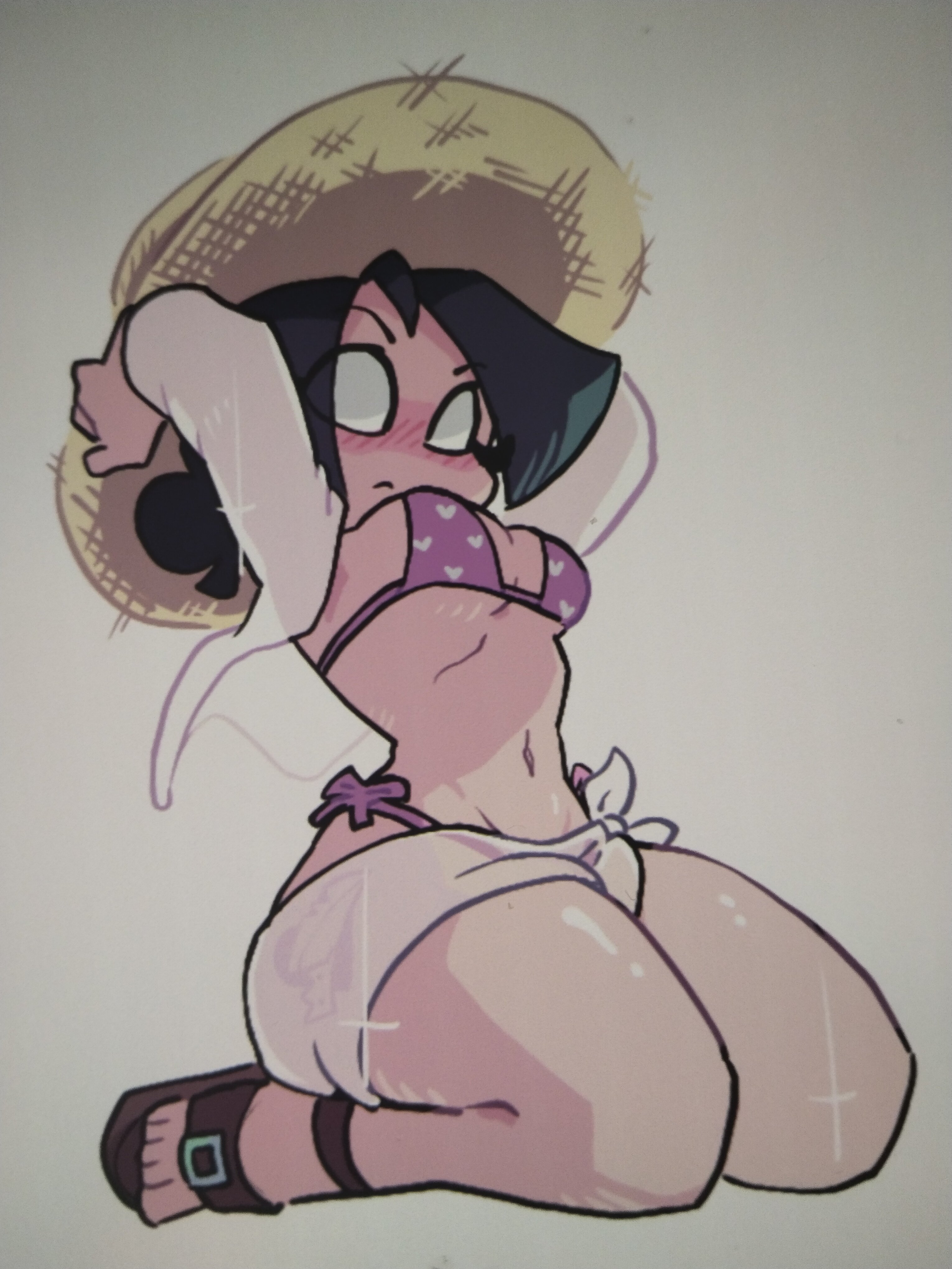 armpits, arms up, artist request, bikini, black hair, blush, breasts, hat, headgear, kneeling, looking at viewer, midriff, navel, nene (newgrounds), newgrounds, sandals, slim waist, tagme, tagme (artist), thick thighs, tied hair, voluptuous, white eyes, wide hips