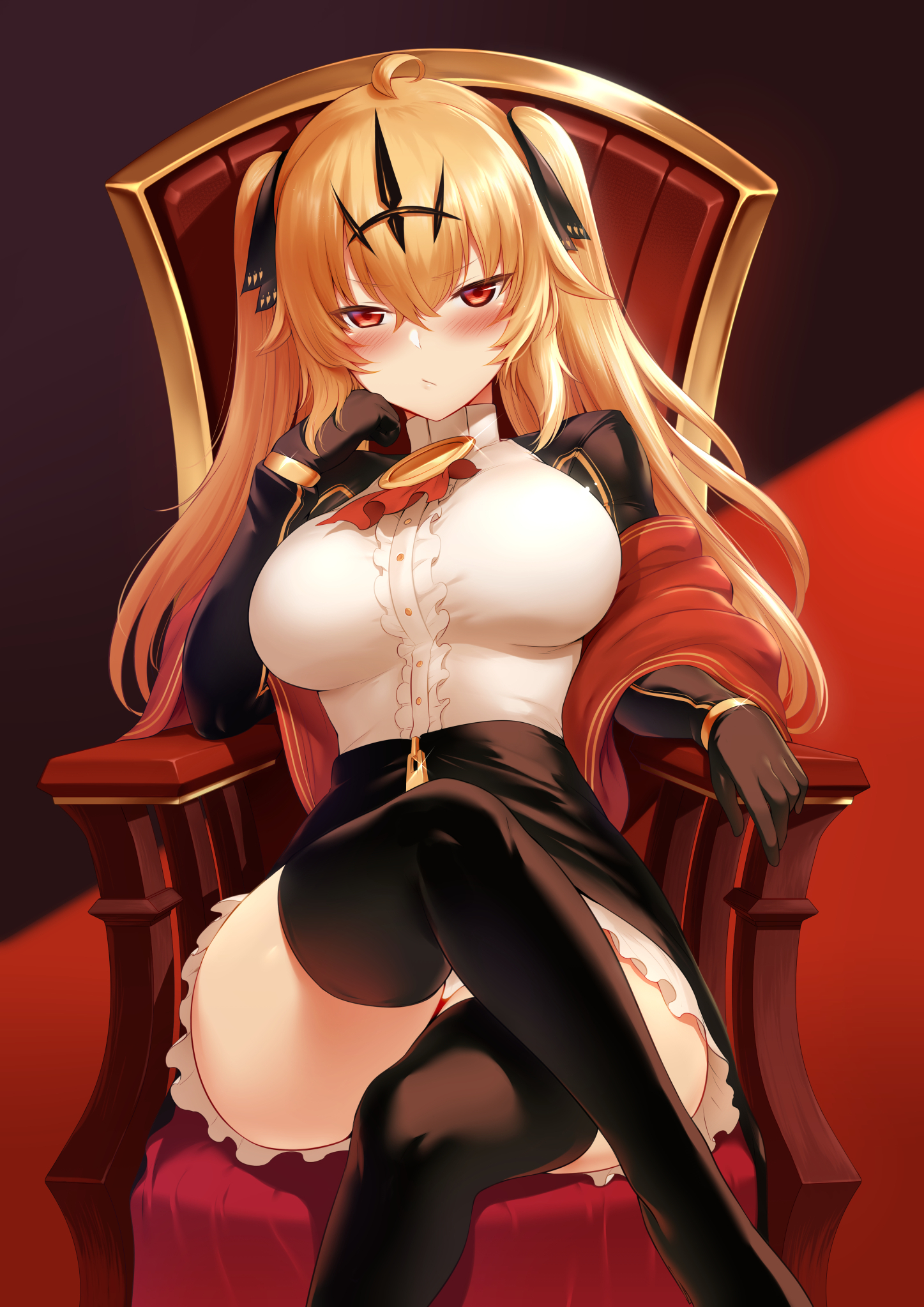 black rock shooter, black skirt, blonde hair, chariot (black rock shooter), frills, gloves, looking at viewer, m-da s-tarou, pointy chin, red eyes, rogia, sitting, tagme, tanline, thighhighs, twintails