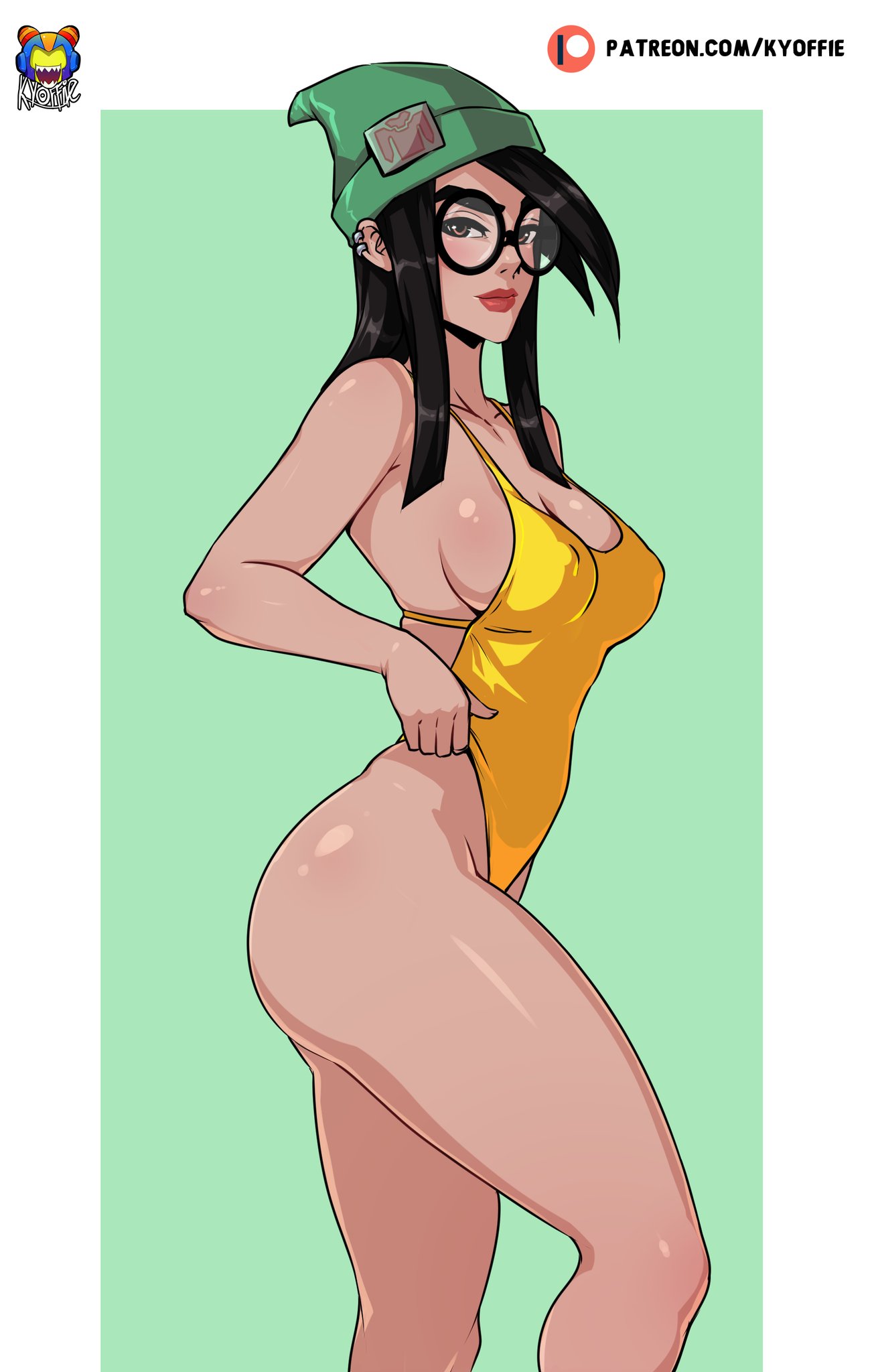 1girls, 2d, black hair, breasts, brown hair, dark hair, female, killjoy (valorant), kyoffie, large breasts, light skin, light-skinned female, pinup, sideboob, solo, swimsuit, thighs, valorant, video game character