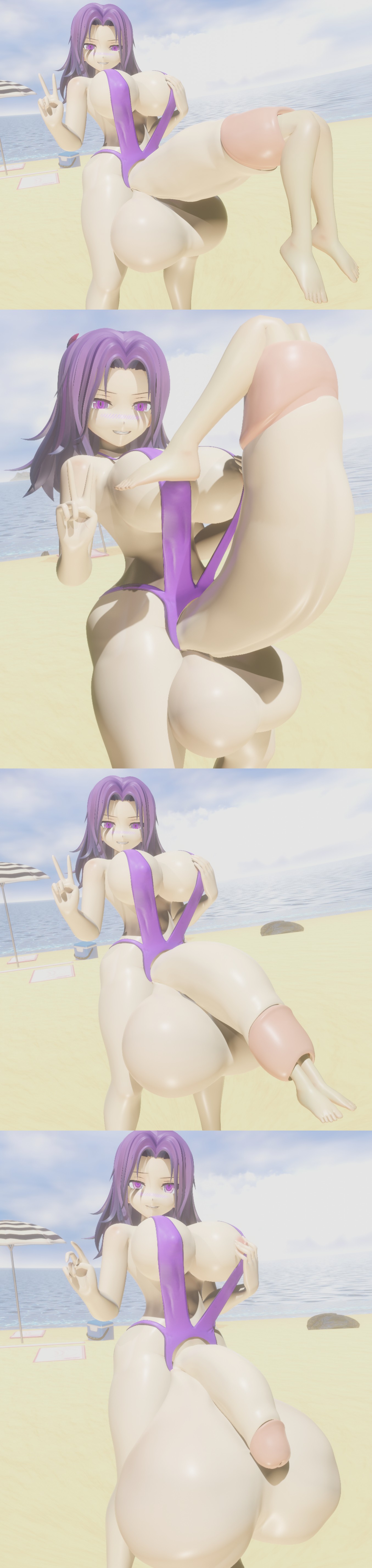 1futa, 3d, balls expansion, beach, bikini, blush, blushing, cock vore, fondler, futa only, futanari, huge balls, huge breasts, huge cock, huge penis, hyper penis, original character, peace sign, purple eyes, purple hair, tagme, unknown prey, vore