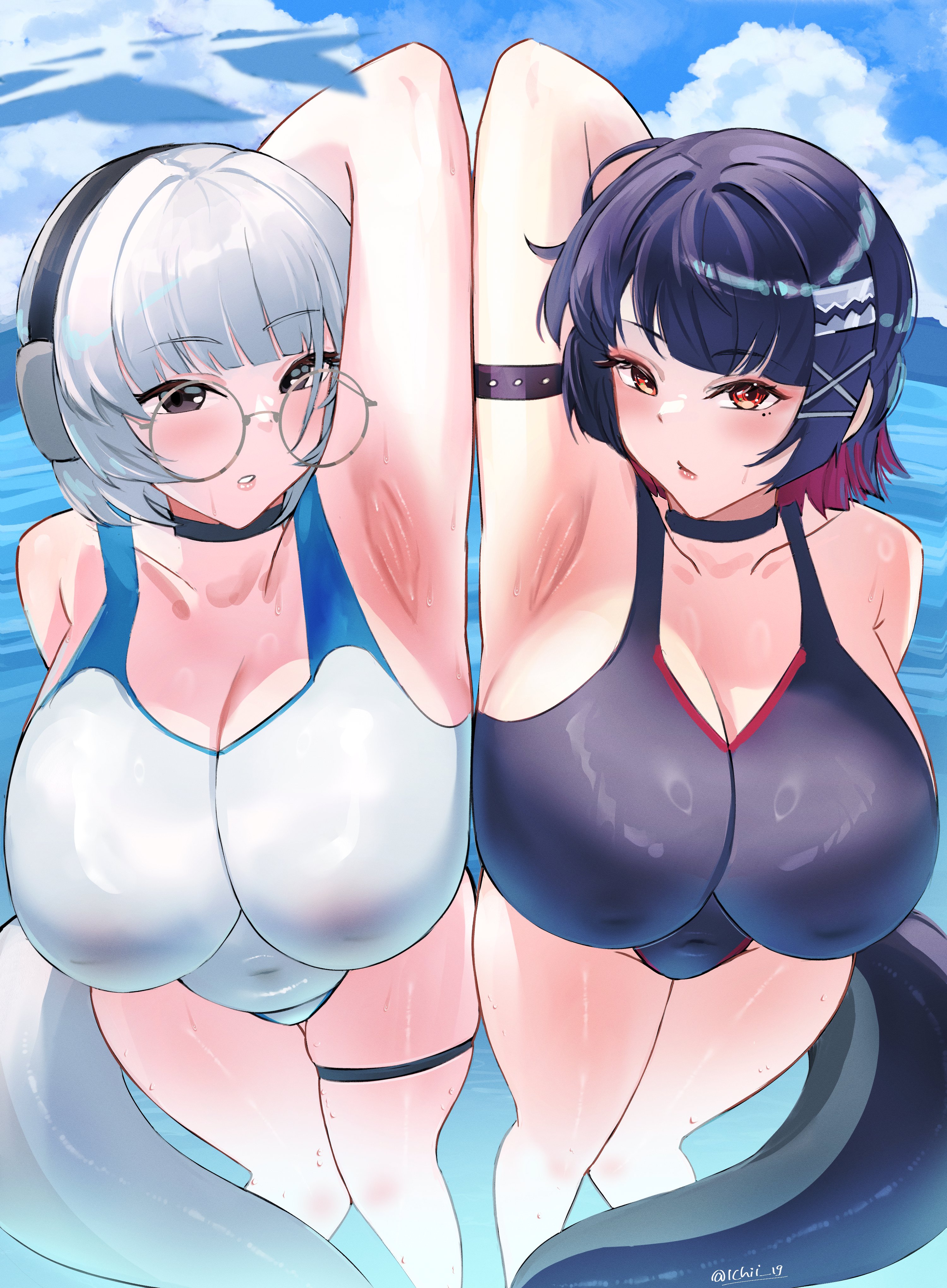 2girls, arm behind head, armpits, blue archive, blush, crossover, ellen joe, huge breasts, ichii 19, kotone (blue archive), multiple girls, one-piece swimsuit, presenting armpit, shark girl, shark tail, swimsuit, thick thighs, whale girl, whale tail, wide hips, zenless zone zero